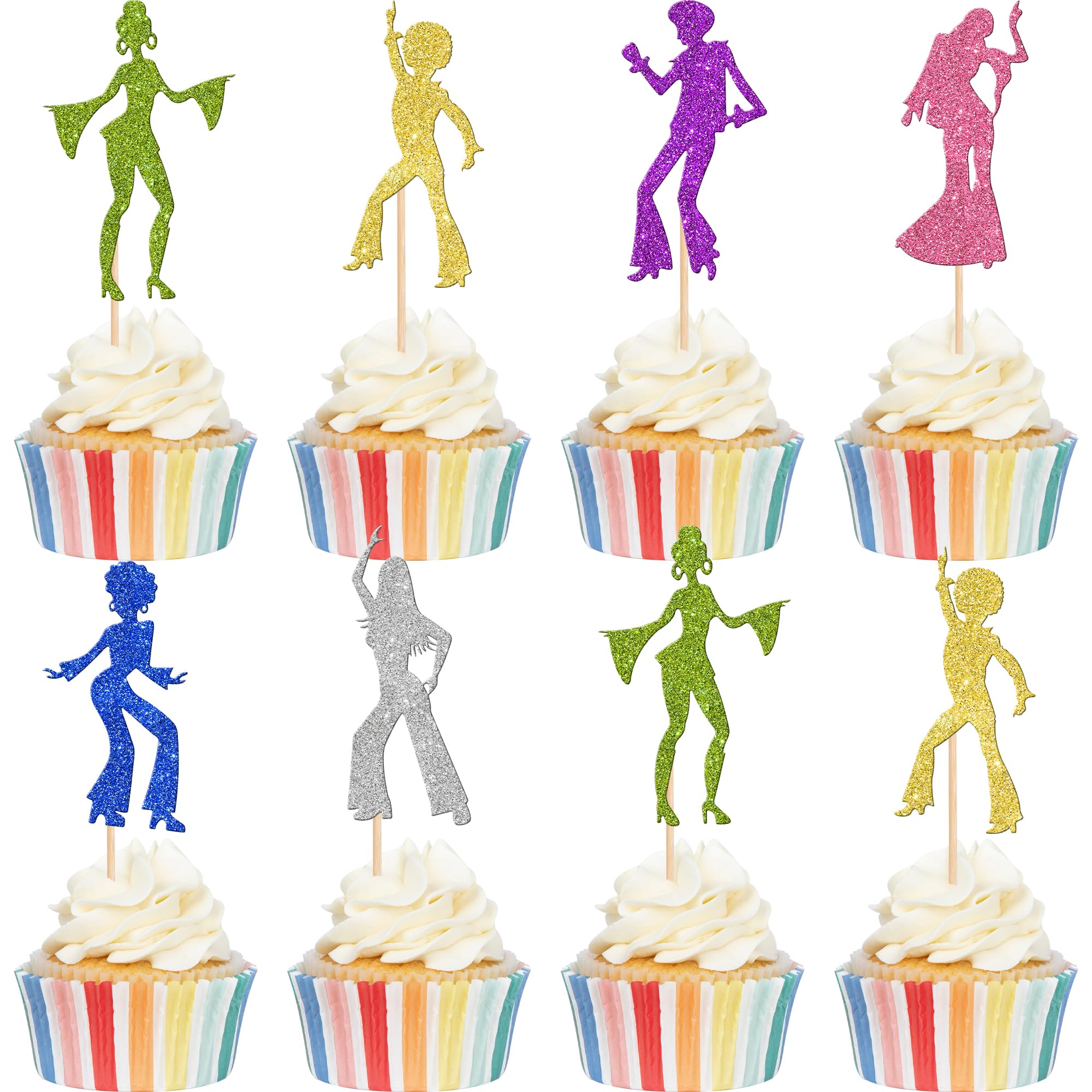 24 PCS 70's Disco Cupcake Toppers Glitter 70's Disco Dancing Cupcake Picks 70's Disco Cupcake Decoration for Disco Music Theme Birthday Party Cake Decorations Supplies Colorful