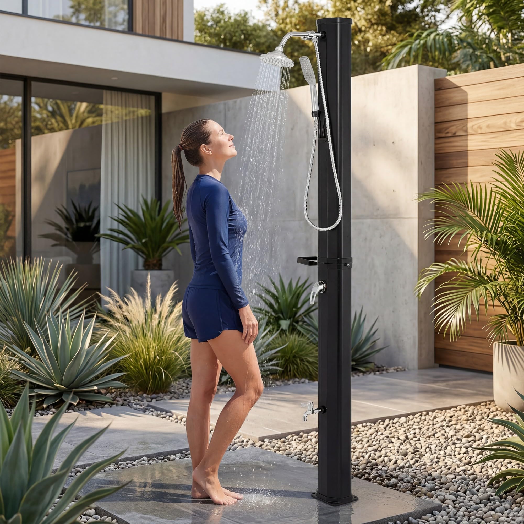 HOMASIS Solardusche 35L, Gartendusche mit 360° drehbarer Duschkopf, Handbrause & Fußdusche, Pooldusche mit Abdeckhaube, Campingdusche, Außendusche bis 60°C, für Strand, Garten, Pool & Camping