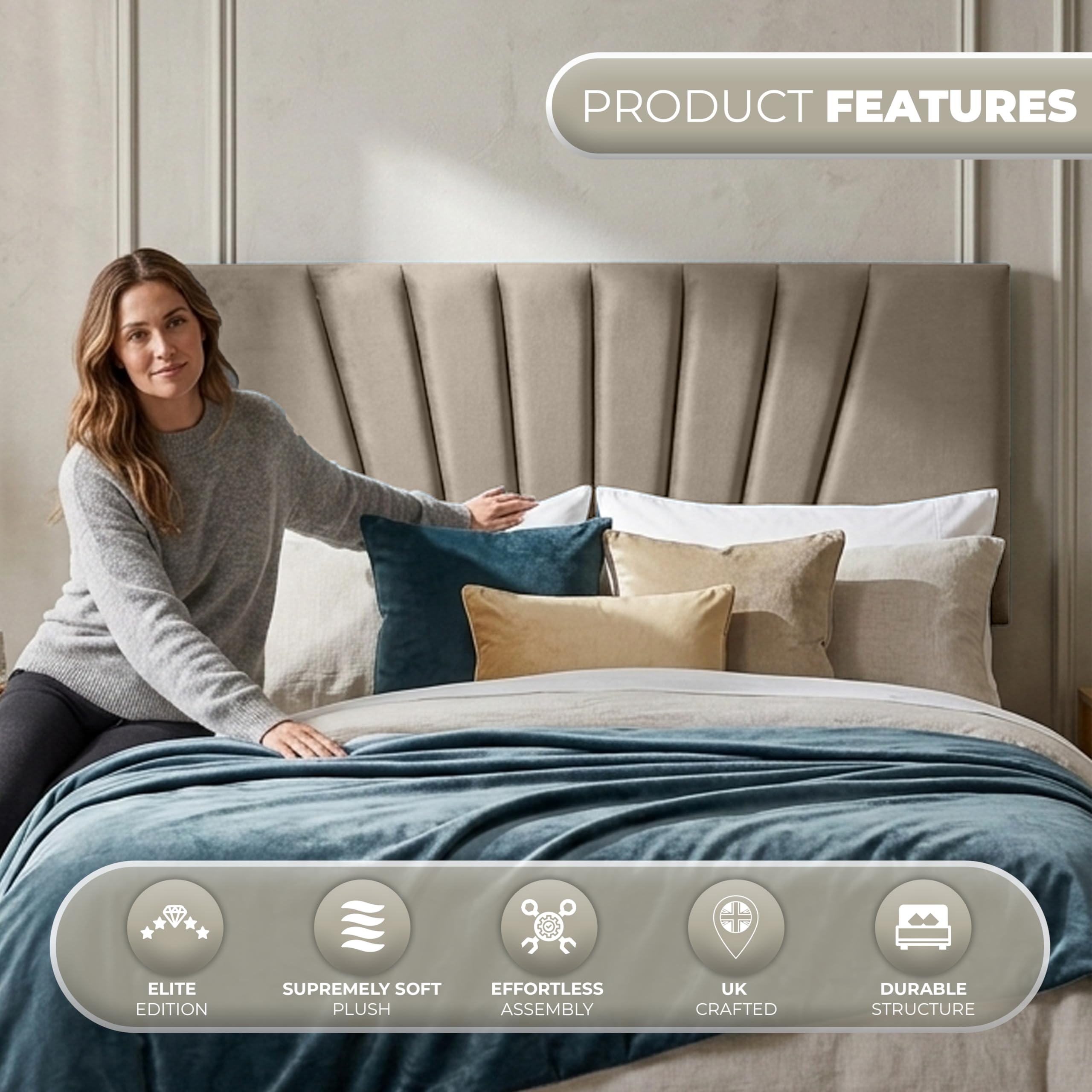 BEDELUNA Headboards for Bed, 24” Sunrise Plush Fabric Headboard, Elegant Divan Bed Thick Padding Bed Headboards - Image 2