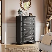 Vista 2 de WLIVE - Cómoda de granja para dormitorio, cómoda alta de madera con 5 cajones, cómoda con tirador de metal romano para sala de estar, pasillo, Negro