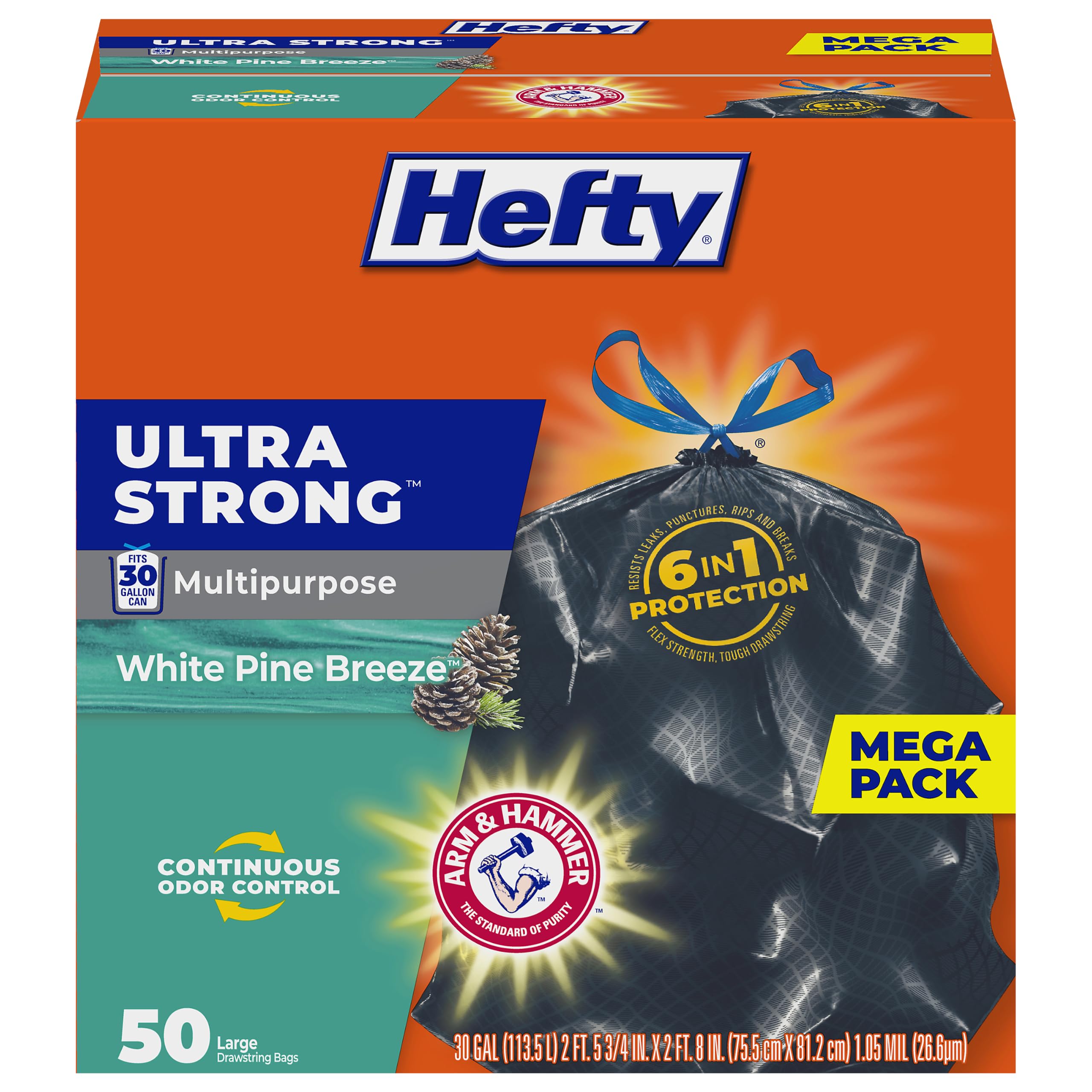 Hefty Ultra mocne wielofunkcyjne duże worki na śmieci, czarne, zapach białej sosny bryzy, 76 l, 50 szt