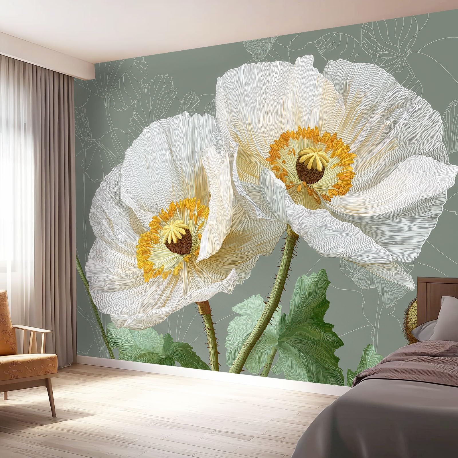Tapeta z motywem 250 x 175 cm, maki, tapeta z motywem do pokoju dziecięcego i kącika do majsterkowania, jasnozielona