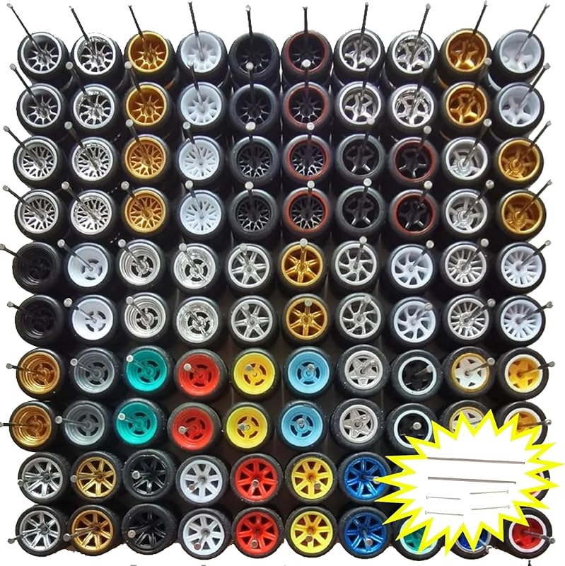 Juego de ejes y neumáticos de goma a escala 1:64 – Paquete de 10 ruedas personalizadas con ejes de fácil instalación para Hot Wheels y autos Matchbox – Estilos mixtos, sin necesidad de taladrar