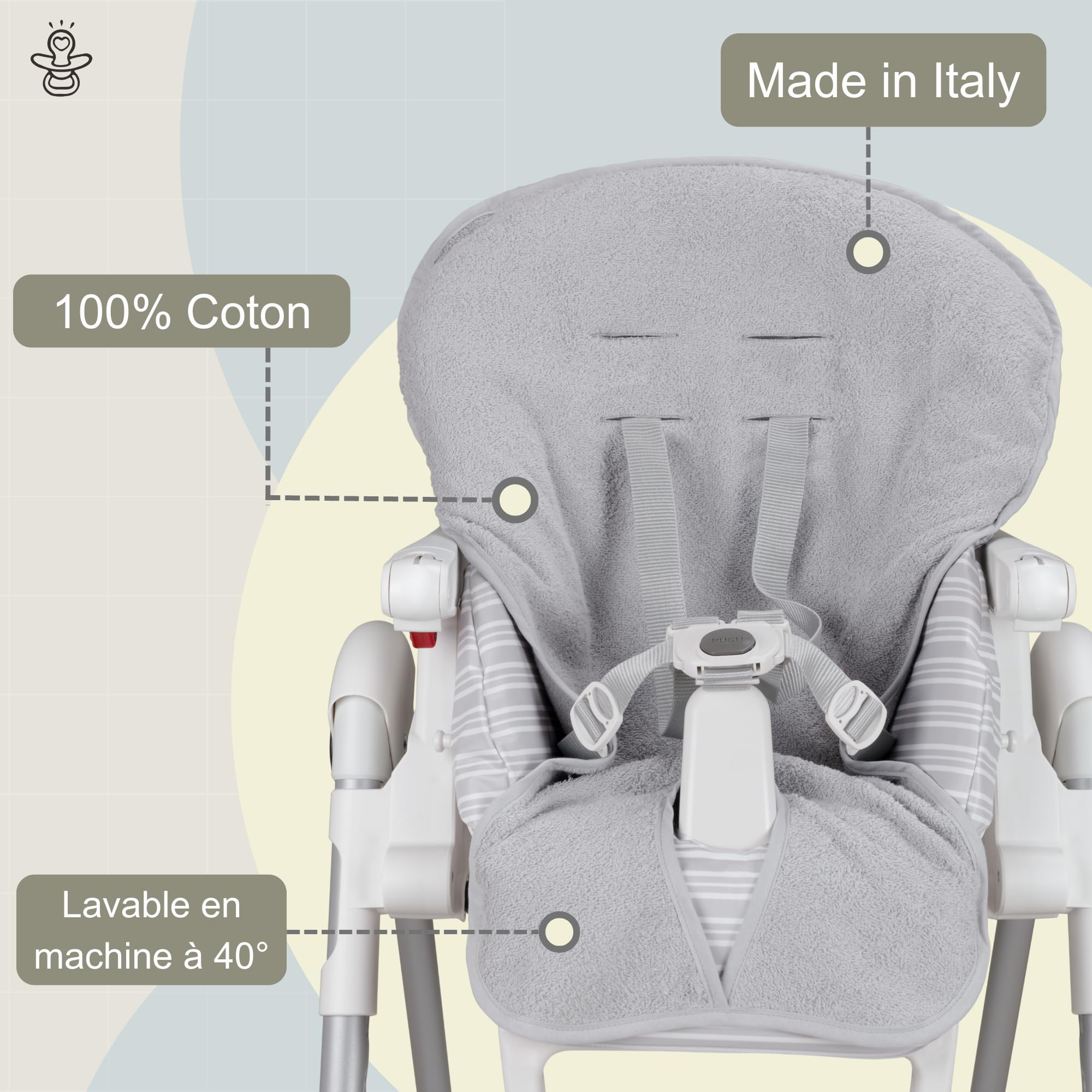 Babysanity Housse de Chaise Haute Universelle en Mousse de Coton Douce Apporte à Votre Chaise Haute une Sensation de Sécheresse et de Fraîcheur 100% Fabriqué en Italie (Gris)