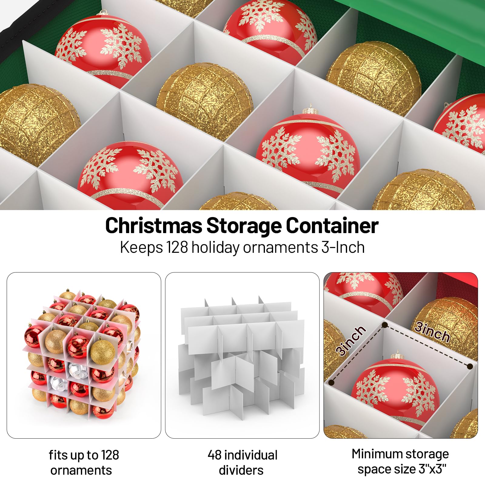 Keten Christmas Ornament Storage, Ornament Storage Box Fits 128 Holiday Ornaments 3-Inch,with Adjustable Dividers & Pockets, Dual Zipper Closure, 600D Tear-Proof Fabric (Green)