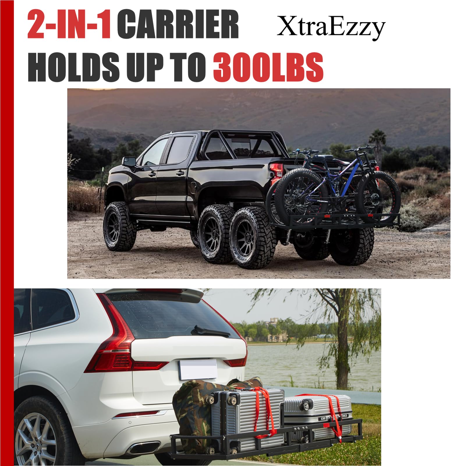 Hitch-Mount Bike Rack for Ebike Heavy-Duty - Comes with Cargo Carrier Fits 2 Electric Fat-Tire Mountain Bicycles Fits 2" Receiver for Car Trailer SUV Truck RV Minivan