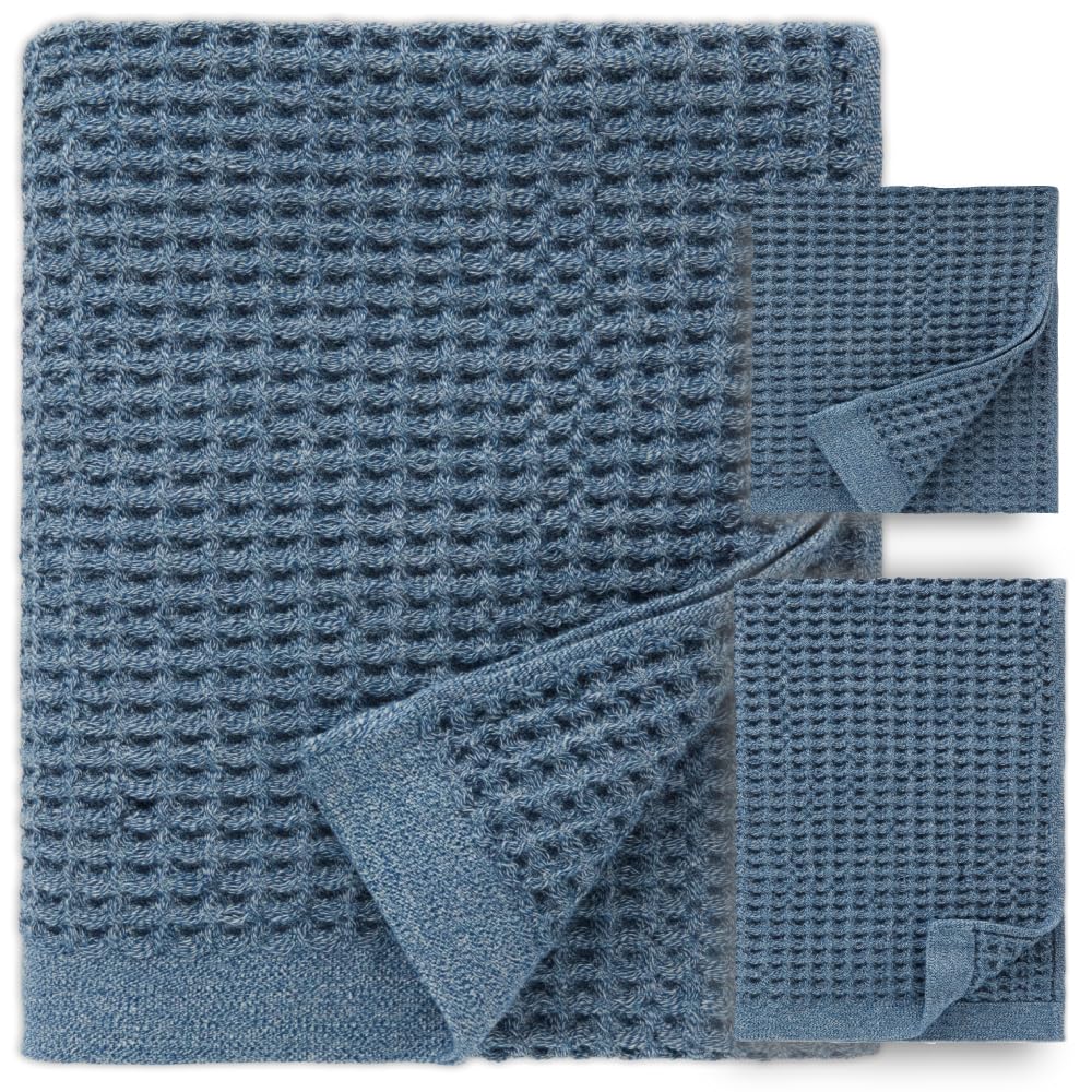 Waffle Bath Sheet Set – 3-Piece Cotton Bundle with Bath Sheet, Hand and Face Towels – Lightweight, Quick Dry, and Absorbent – Ideal for Bathroom, Gym, Guest Use – Denim Blue