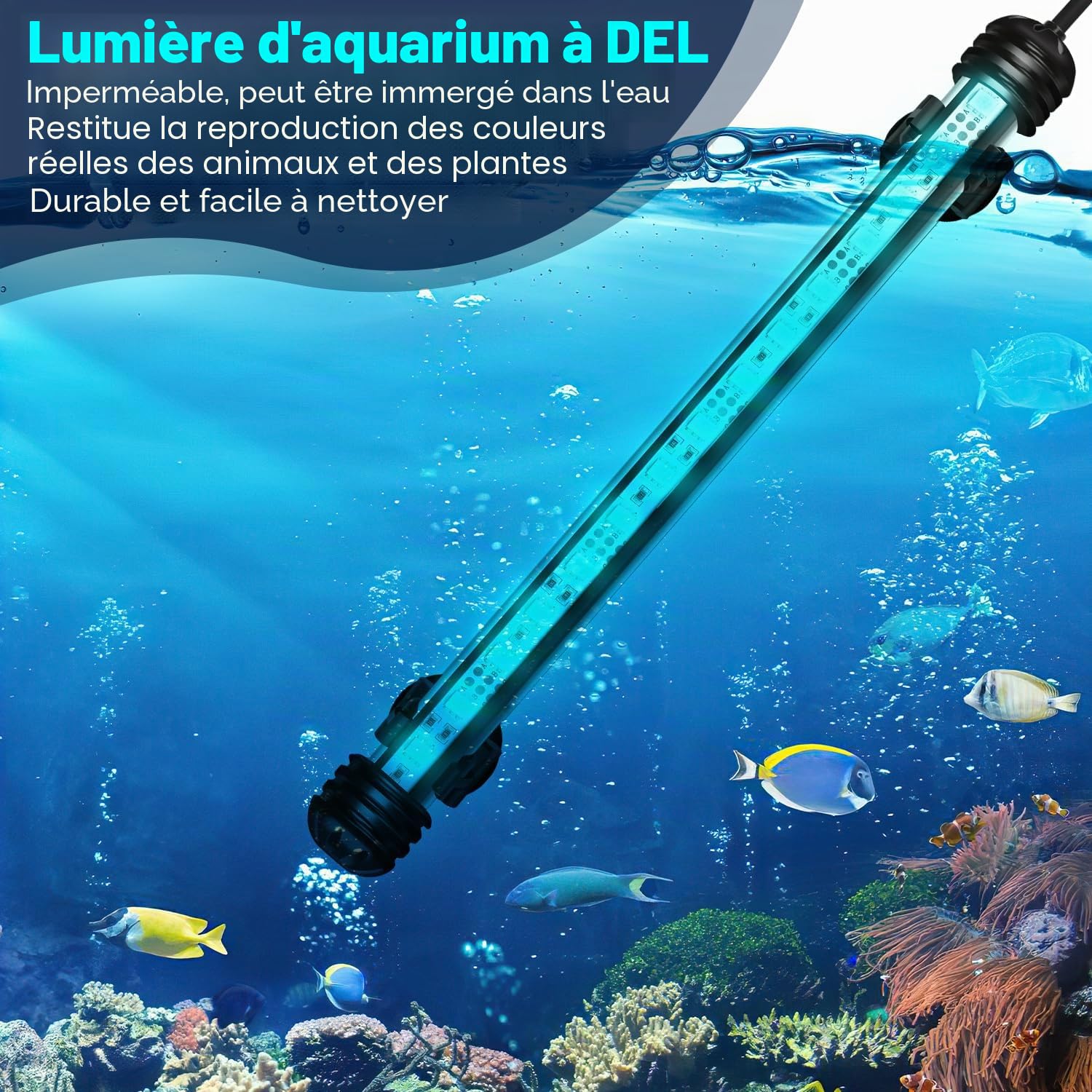 Aquarium Light LED, éclairage pour aquarium LED, 13.2W Aquarium Light RGB, IP67 étanche, Universal Fit Aquarium Lamp, pour réservoir à poissons, aquarium de plantes, EU Plug