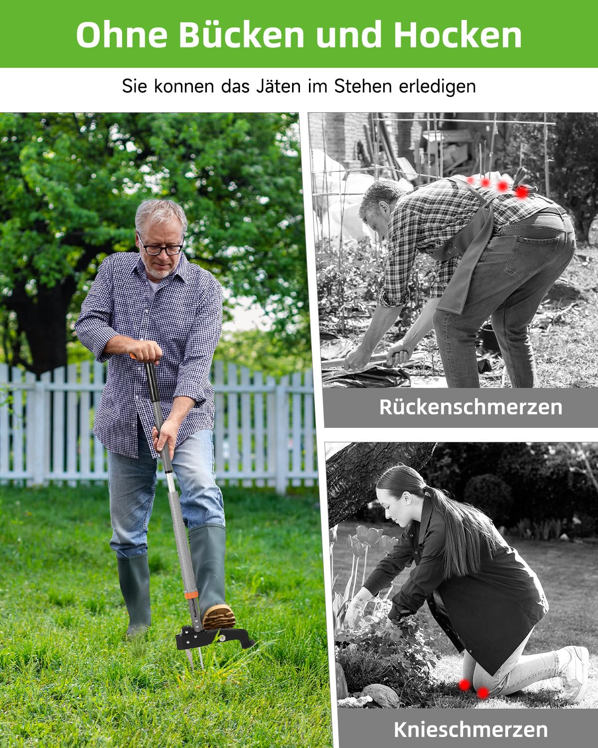 HAUSPROFI Unkrautstecher mit Stiel Teleskop (Länge 91 CM-117 cm) + 50L Gartensack, Unkrautausstecher mit 4 Edelstahl Krallen, Automatisches Zurückspungsdesign