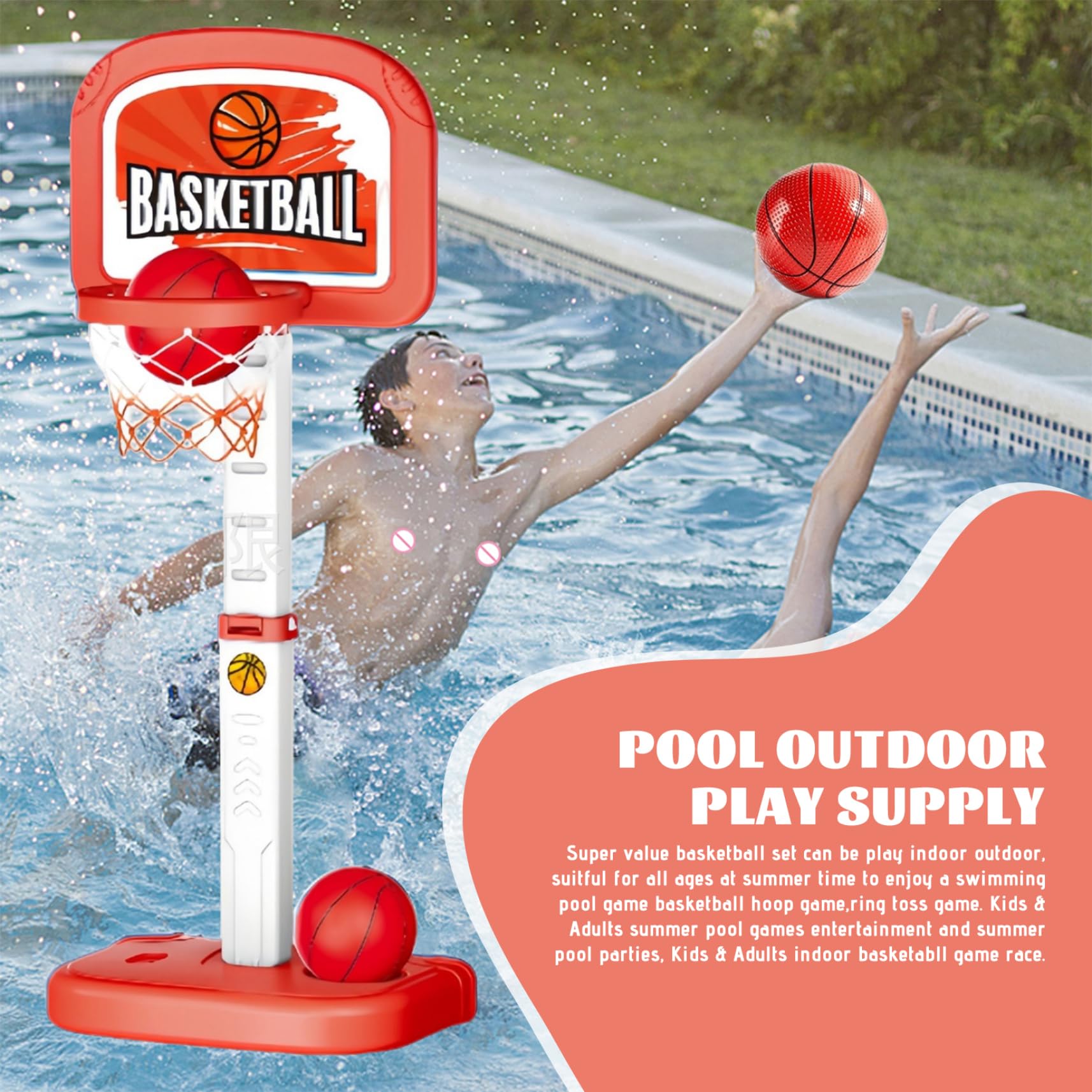 Pool-Basketballkorb mit Rückwand, 30–63 Zoll höhenverstellbare Pool-Basketballspiele mit 2 Bällen für Schwimmpartys