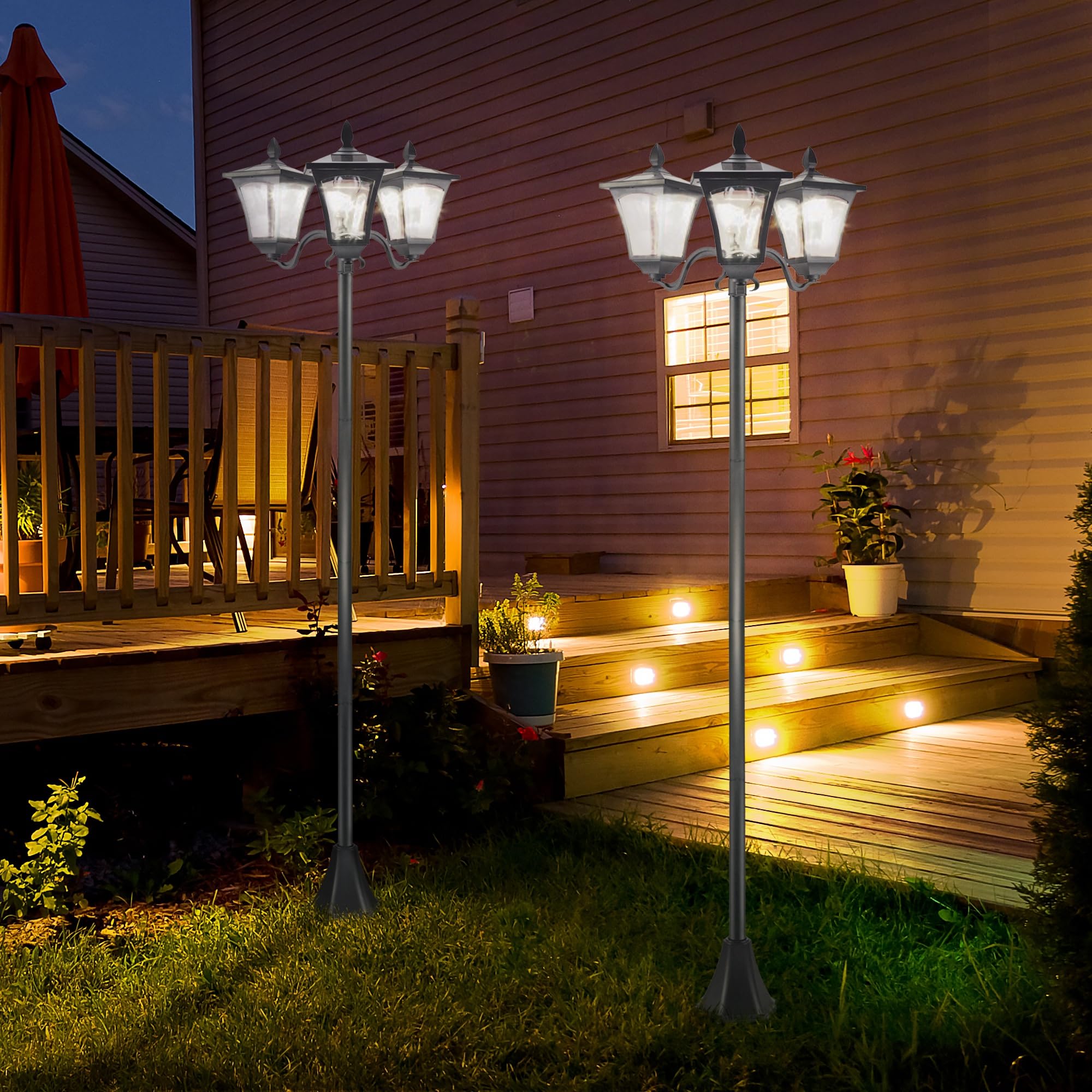 Outsunny Farolas Solares de Exterior IP44 2 Piezas 51,5x47x182,5 cm Negro | Luces Solares de Pie, con 3 Luces LED, para Camino Terraza Patio