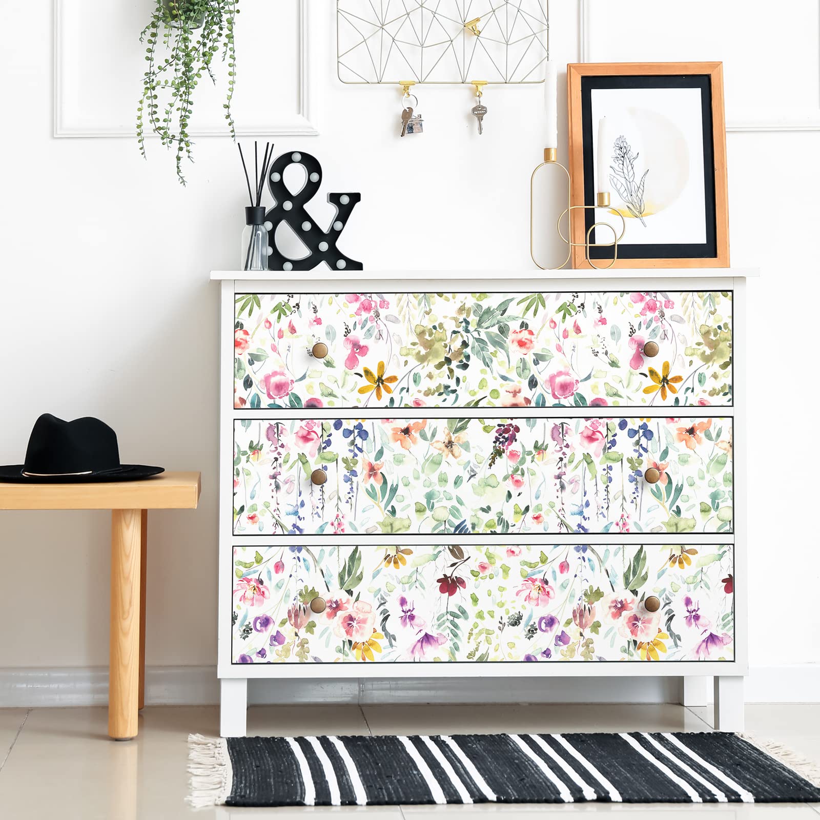 VEELIKE Papel Pintado Hojas Blanco Acuarela 44.5 cm × 900 cm Papel Autoadhesivo Pared Flores Vinilo Adhesivo Muebles Floral Fotomurales Decorativos Pared Baño Impermeable Vinilos Armarios Dormitorio