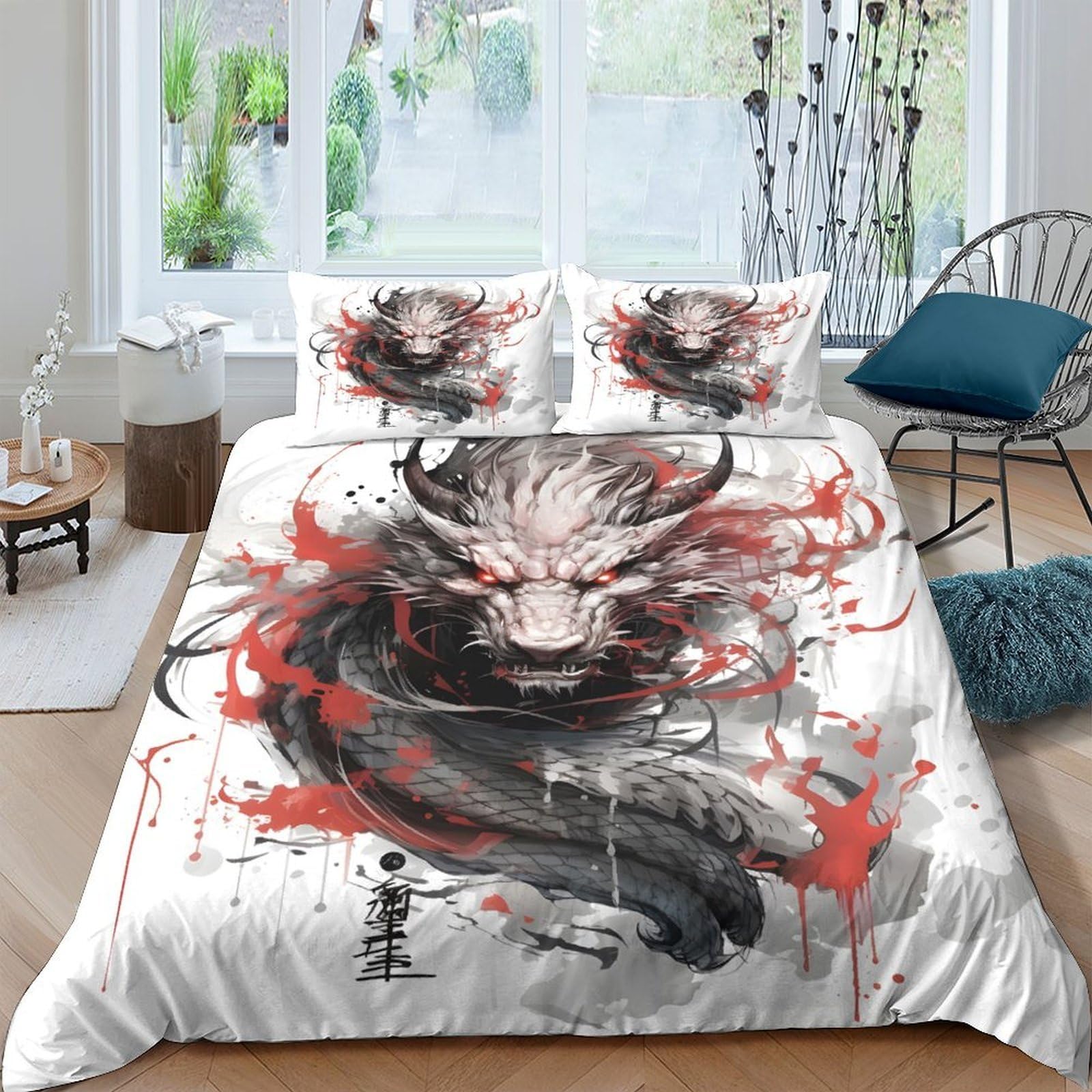 Ctjqhvkz Style-2 3D Printed Japanese Dragon Fitted Sheet Microfiber Black Red Ink Art Bed Sheet Anti-Slip Washable For Bedroom Dorm Decor Single（135X200cm）