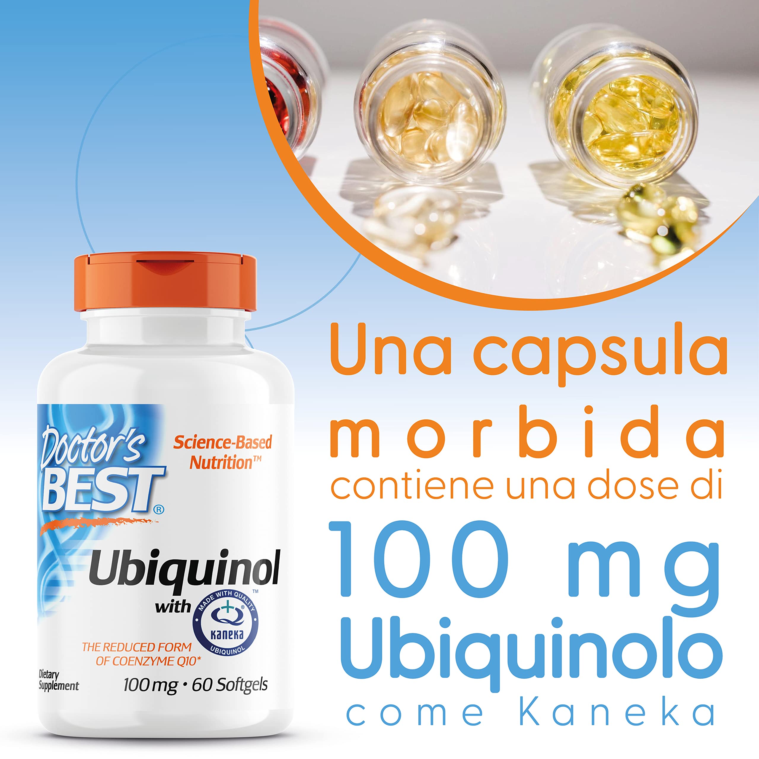 Doctor's Best, Ubiquinol with Kaneka, Coenzima Q10, 100mg, 60 Capsule morbide, Altamente Dosato, Testato in Laboratorio, Senza Soia, Senza Glutine, Non-GMO, Vegetale