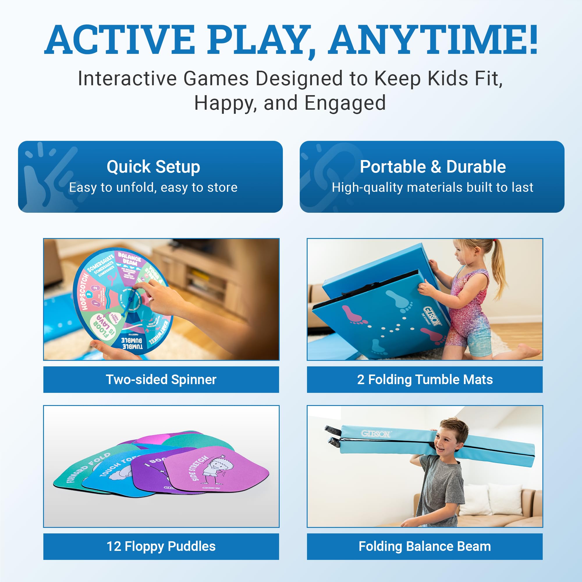 Gibson Athletic Engage Gymnastics Games, At Home Gymnastics Gym Equipment For Aspiring Gymnasts, Folding Tumbling Mat With Carry Handles, Folding Balance Beam, Spinning Wheel, Kids Exercise, Multiple Set-Up Options