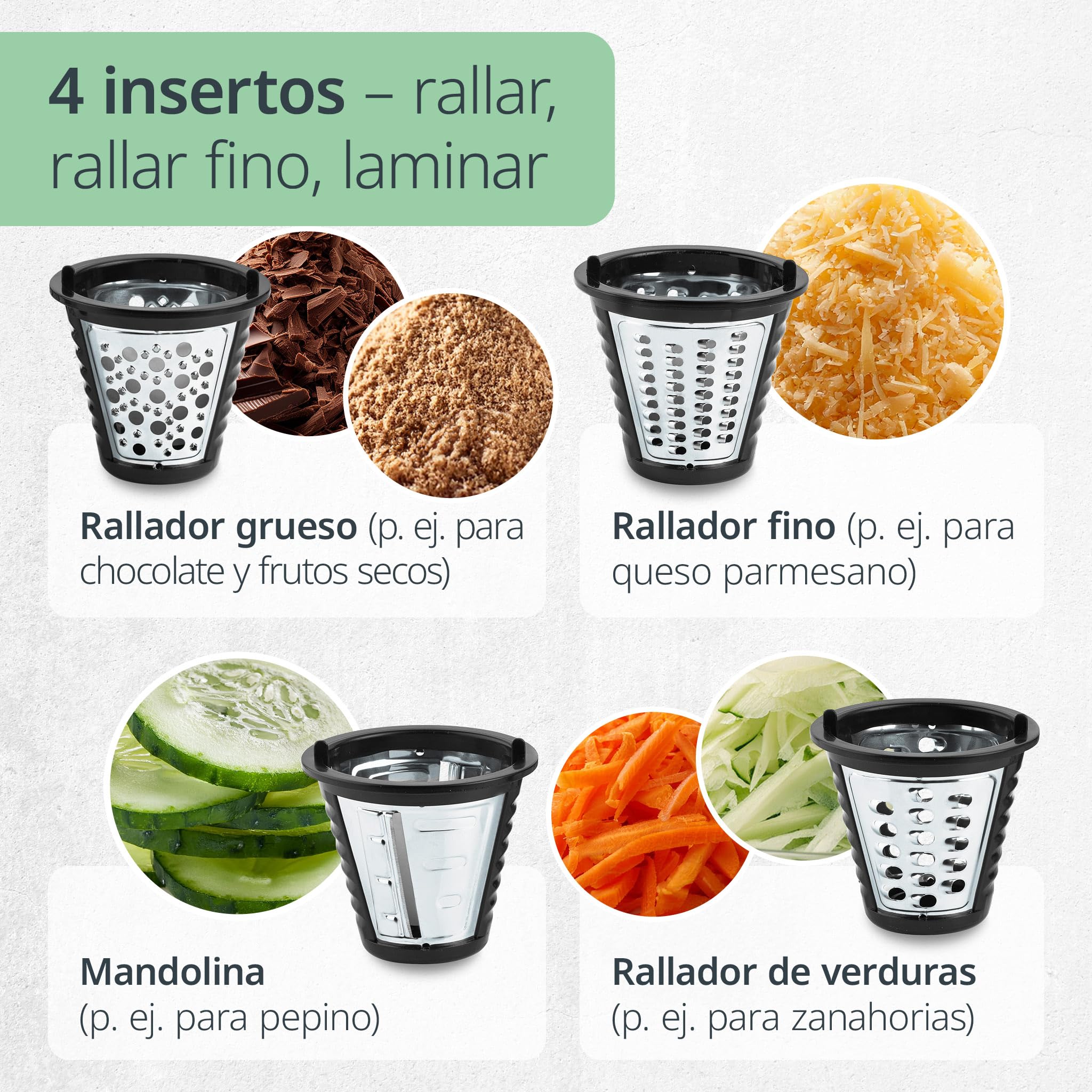 ADE Cortador de verduras eléctrico | Rallador para fruta, zanahorias, pepino, manzanas, nueces | 4 insertos extra afilados | Rallador de queso | 200 a 500 W