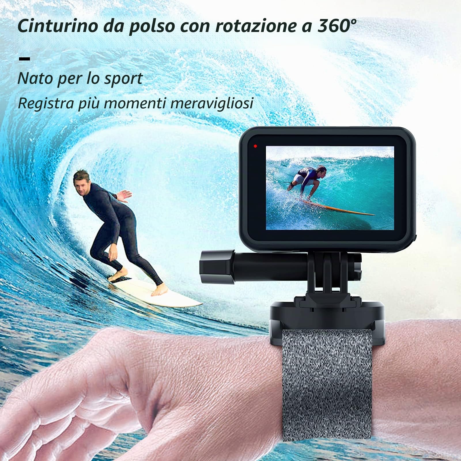 TELESIN Aggiornamento Supporto per cinturino da polso Rotante 360° Fascia per Mano compatibile con GoPro Hero 13, 12, 11,10, 9, 8, 7, 6, 5, DJI Action 6 5 Pro 4/3, Ace Pro 2 Ace Pro X5 X4, X3,ONE X2
