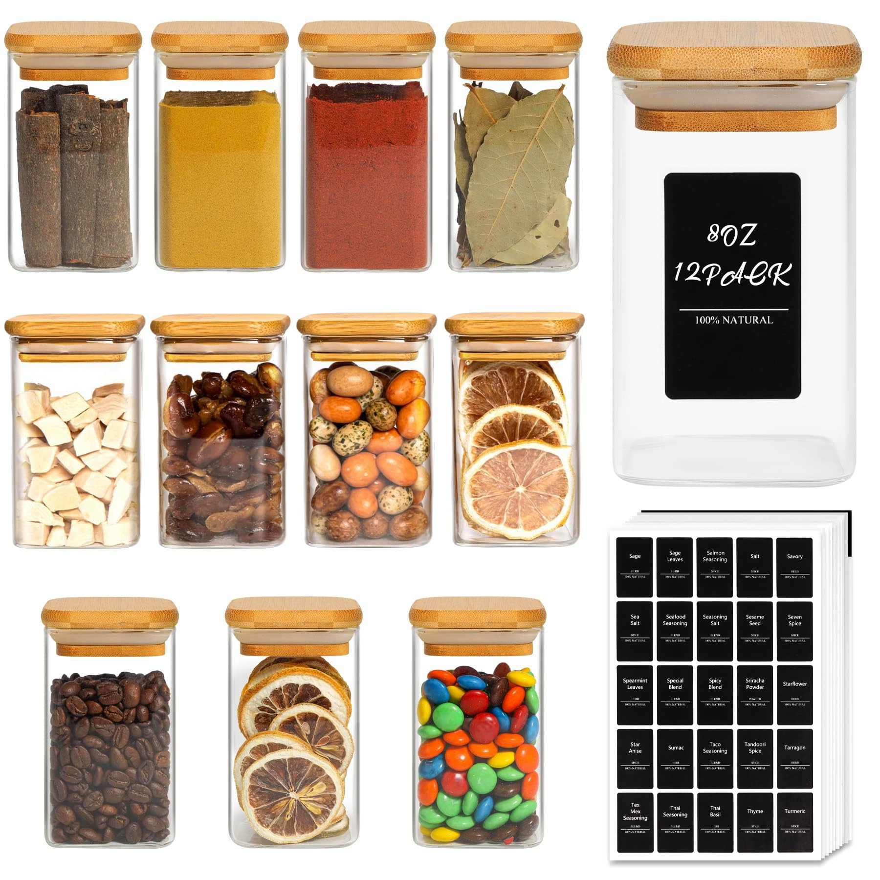 Tarros de especias de vidrio con tapa de bambú y etiqueta, paquete de 12 recipientes cuadrados de vidrio de 8 onzas/250 ml, tarros de especias de vidrio herméticos con tapas, recipiente de vidrio para