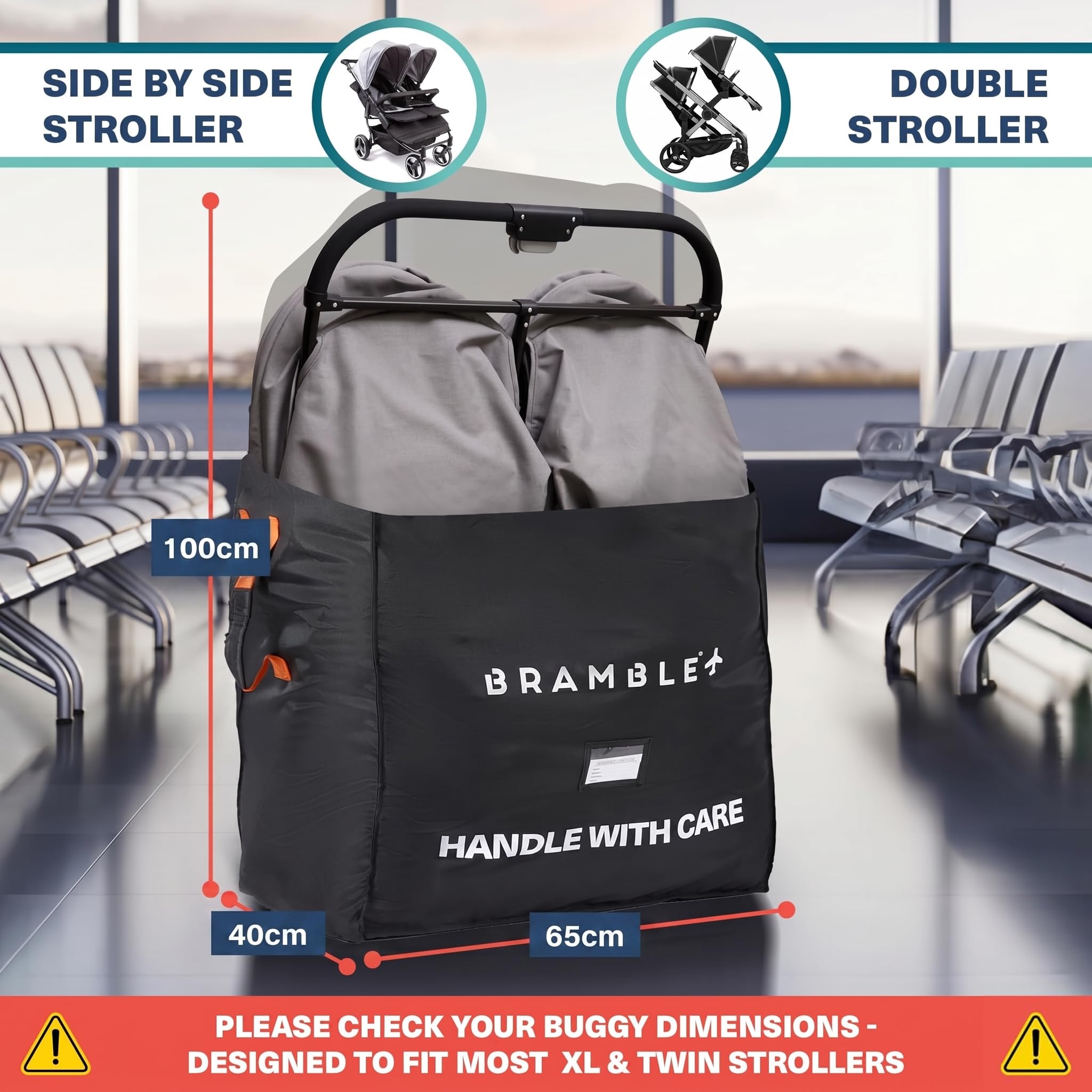 Bramble - Borsa da Trasporto Passeggino Gemellare XL per Aereo Gate Check - Nylon Balistico Idrorepellente con Spallacci Neoprene, Sacca & Finestra ID - 100 x 65 x 40 cm (Nero)