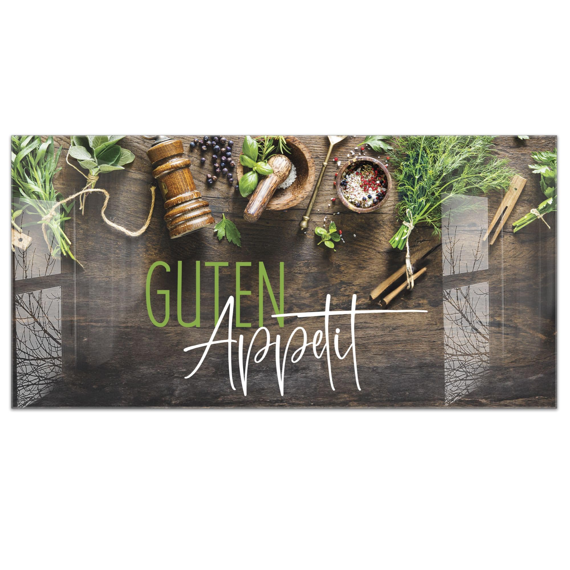 timalo Küchenbild aus Acrylglas modernes Wandbild Glasbild Deko Küche XXL Acryl-Bild wie Glas | 100x50cm Kräuter& Gewürze auf rustikalem Holztisch, Guten Appetit