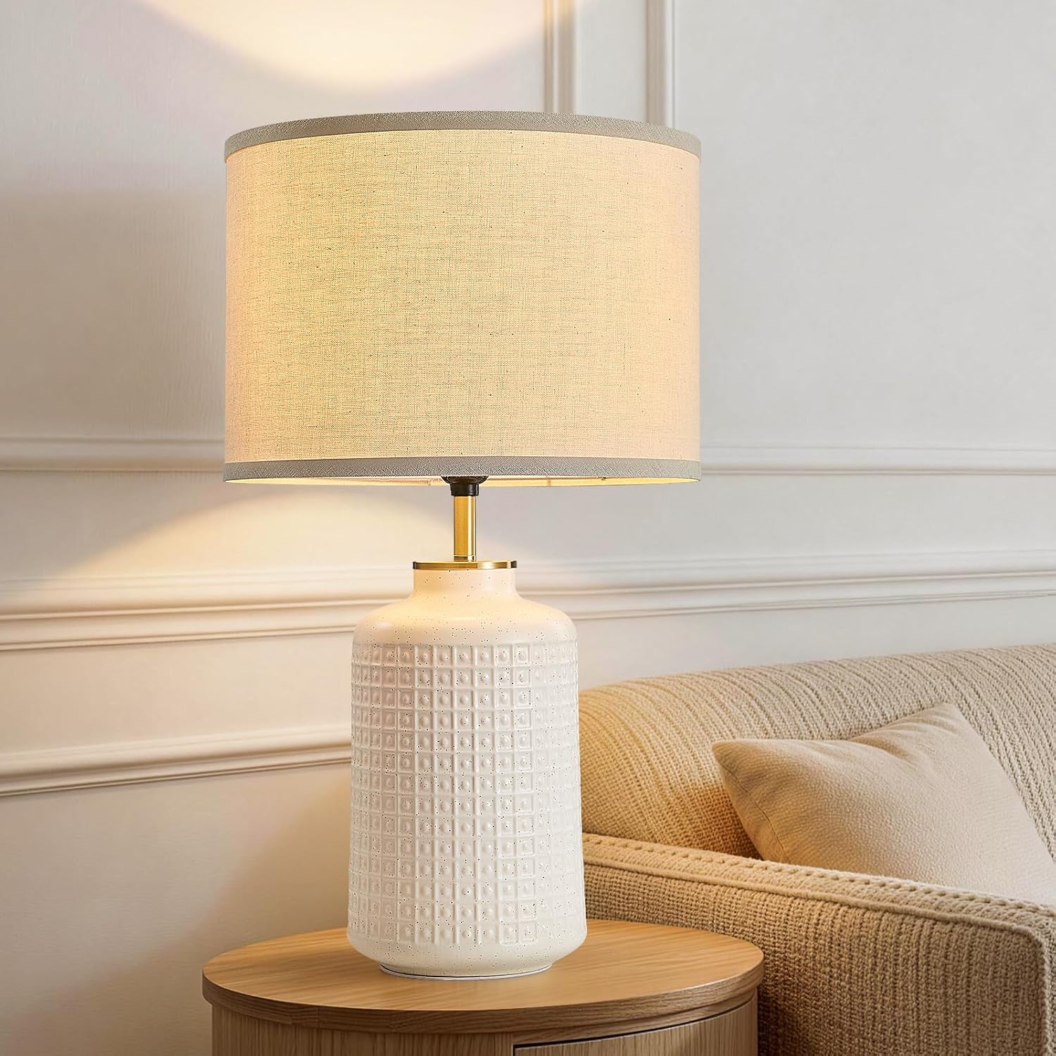 Farmhouse Ceramic Table Lamp: 23" Home Rustic Boho White Cylinder Nightstand Lamps for Bedroom Living Room Night Stands Dining Office with Beige Linen Shade