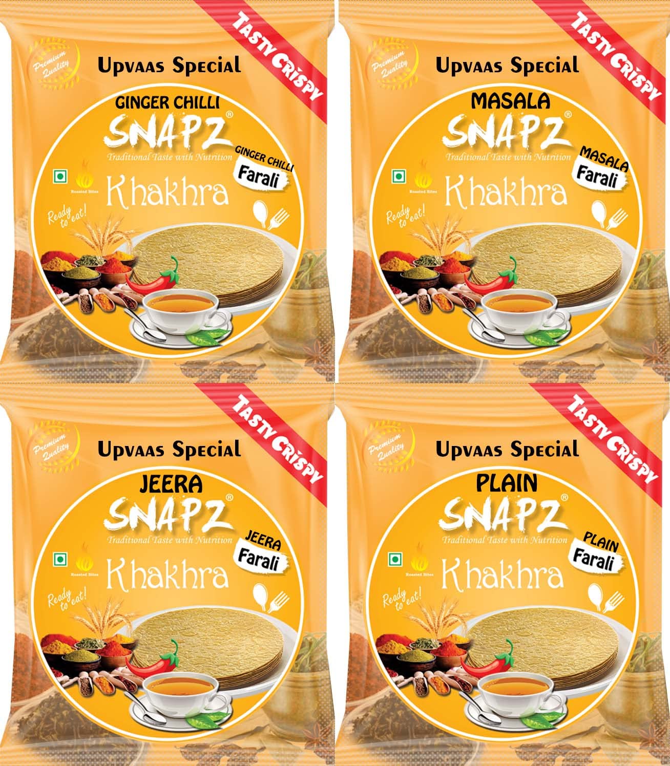 Upvas Khakhra Farali Pack of 4 (Masala, Ginger Chilli, Jeera, Plain