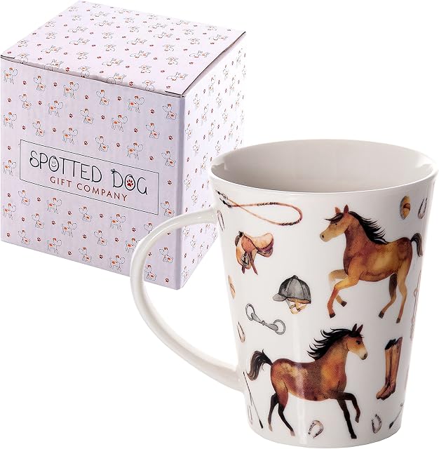 SPOTTED DOG GIFT COMPANY - Mug Cup for Coffee Tea and Hot Drinks, Ceramic Porcelain China Horses Themed, Animal Gifts for Horse Lovers and Riders Owners