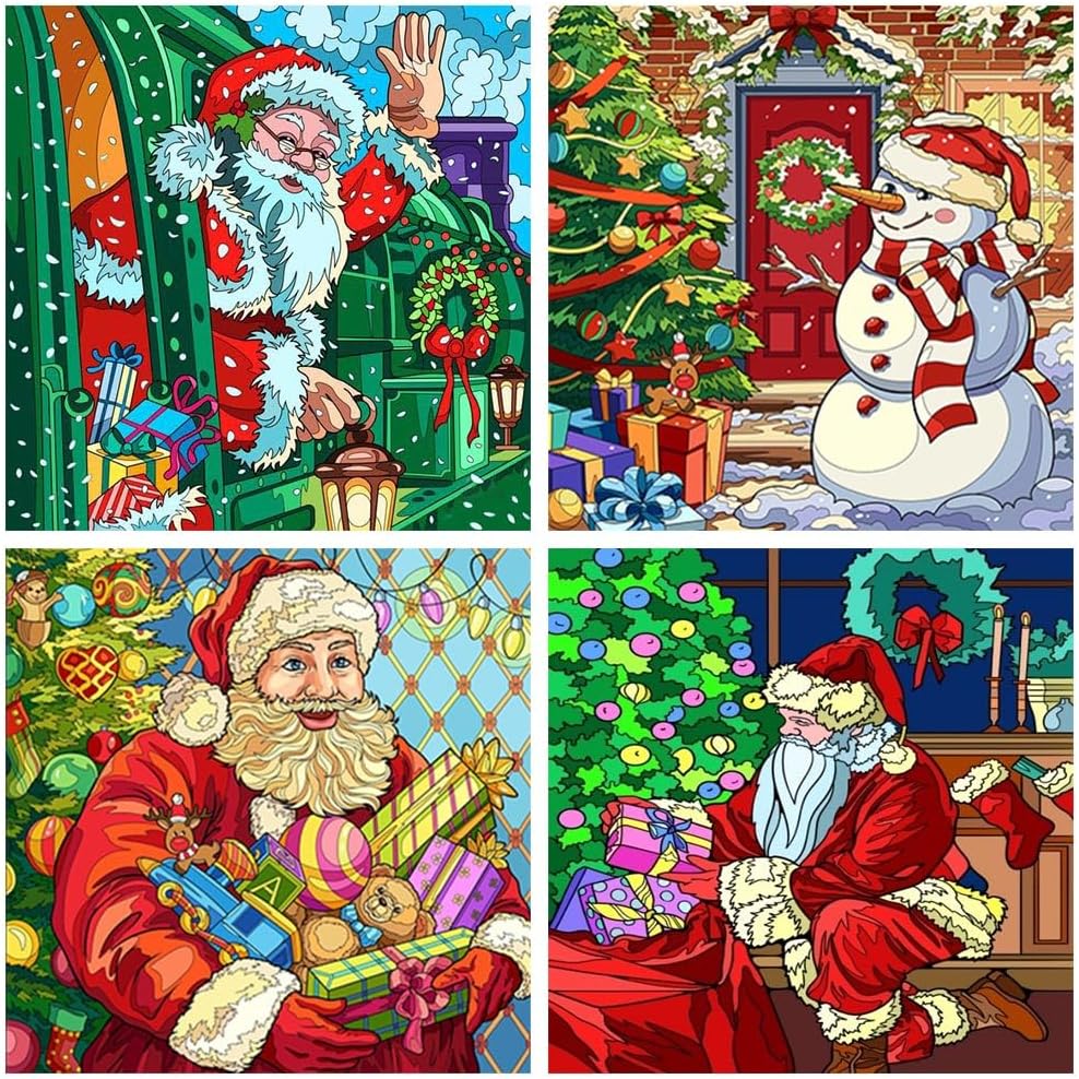 LWZAYS 4 Pack Christmas Paint by Number for Adults Canvas, Santa Claus Paint by