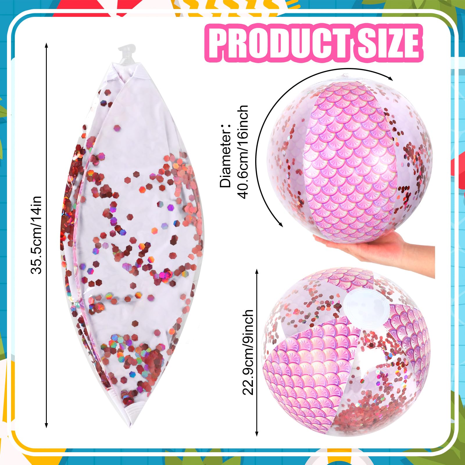 Whaline 4Pcs 16'' Mermaid Inflatable Beach Ball Glitter Pool PVC Balls Game Toys for Summer Hawaiian Tropical Theme Beach Party Decorations Water Sand Game Accessory, Pink Blue