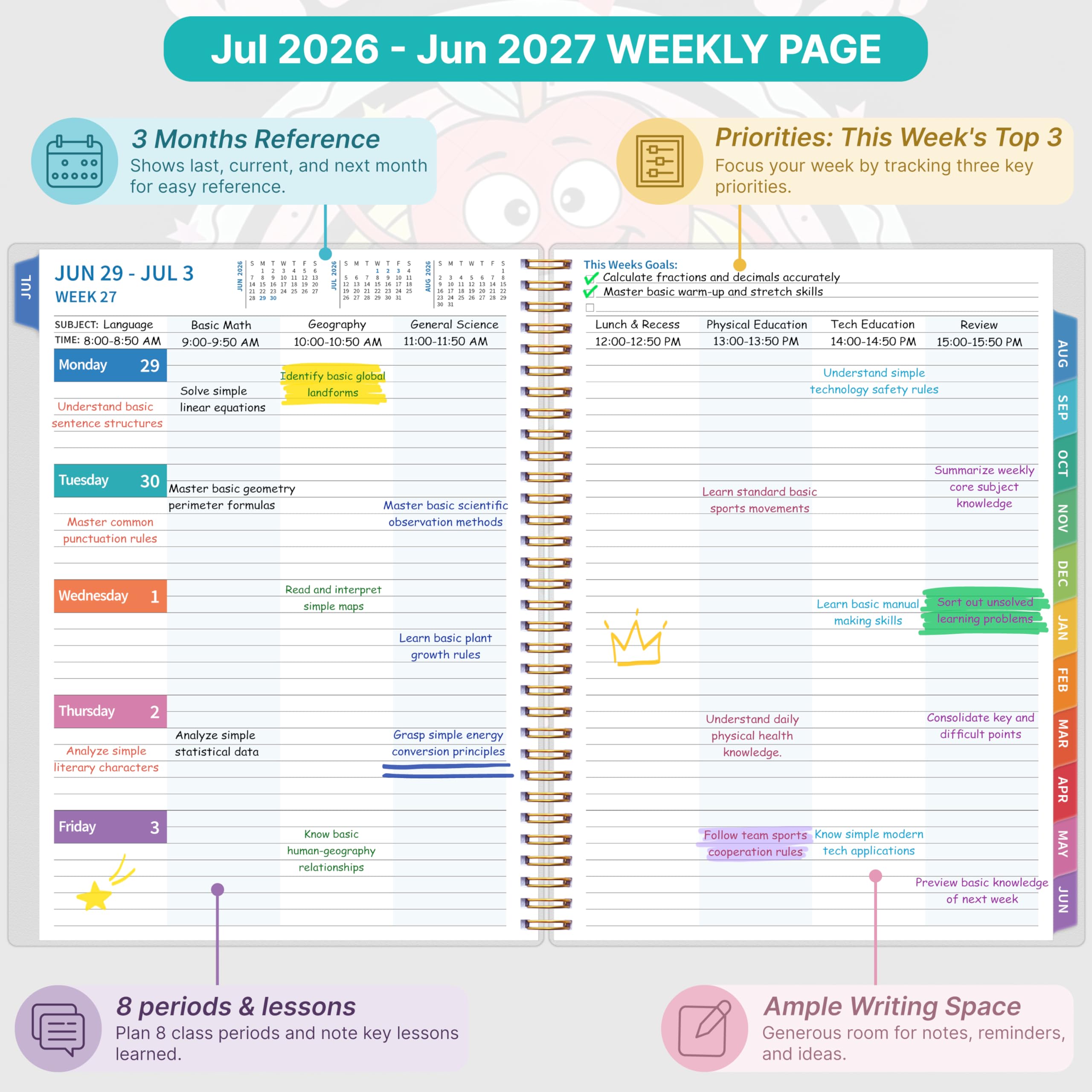 Lehrerplaner 2026–2027, Lehrerplaner für das akademische Jahr, Juli 2026–Juni 2027, Unterrichtsplaner 2026–2027, Homeschool Planbuch, 21,6 x 27,9 cm mit Registerkarten und Tasche, flexibler Einband
