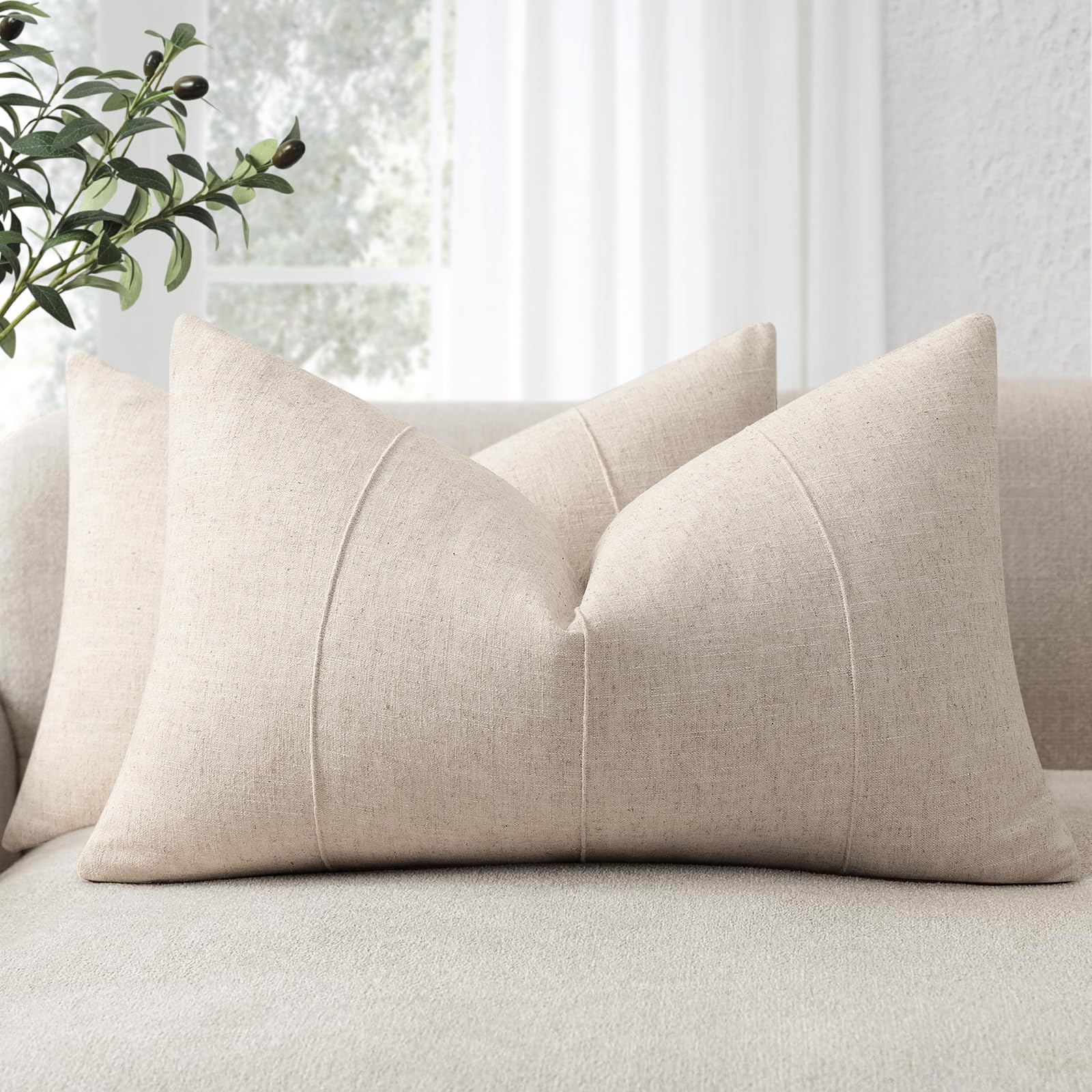 ZWJD Decorative Linen Cushion Covers 40x60 Set of 2 Solid Handcrafted Striped Throw Pillow Covers Soft Modern Farmhouse Neutral Cushion Covers for Sofa Bedroom Living Room Home Decor (Beige)