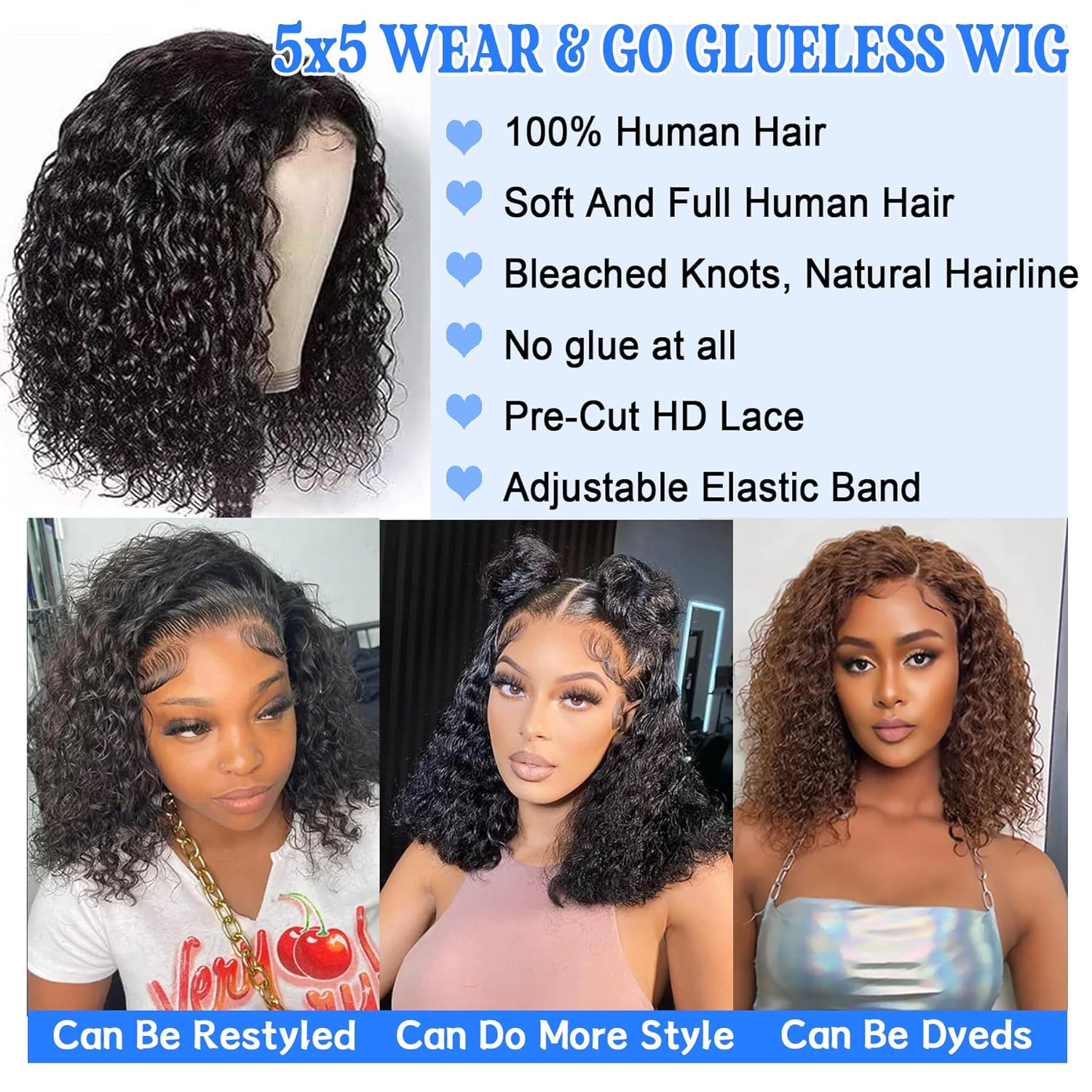 Wear and Go Bob Wig Human Hair Deep Wave Glueless Wigs Human Hair Pre Plucked Pre Cut 5x5 HD Lace Closure Curly Wigs for Black Women Lace Front Glueless Wigs Human Hair 14inch