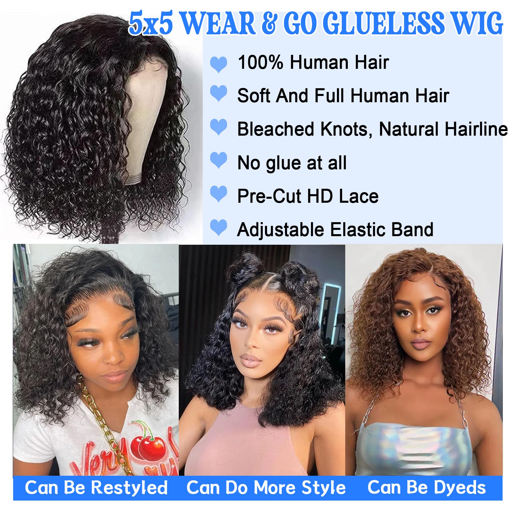 Wear and Go Parrucca Bob Capelli umani Onda profonda Parrucche senza colla Capelli umani Pre pizzicati Pre Tagliati 5x5 HD Chiusura in pizzo Parrucche ricci per donne nere Pizzo Frontale