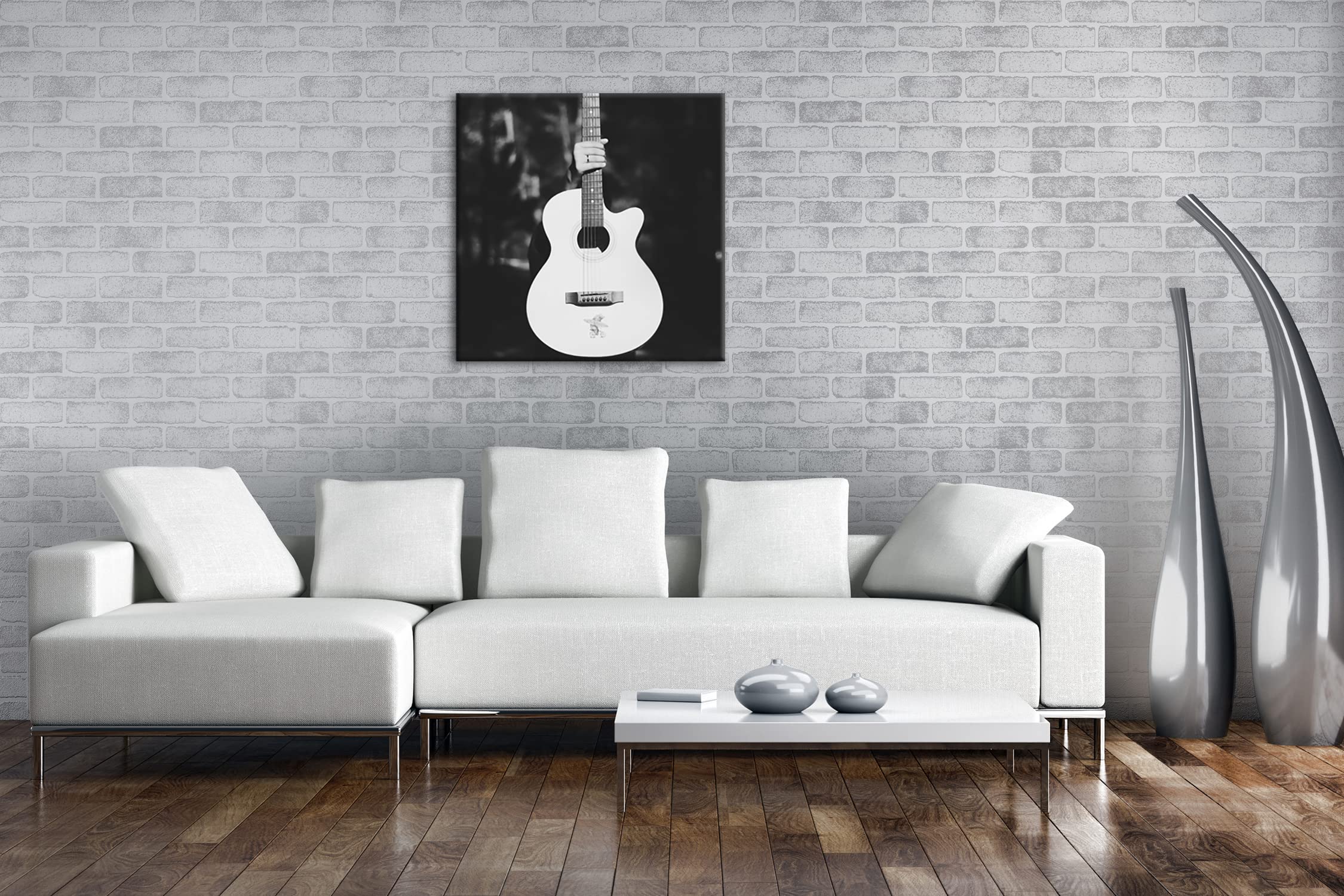 deyoli Chitarra acustica bianca Formato: 70 x 70 cm Effetto: bianco e nero su tela, motivo già incorniciato su telaio in vero legno, stampa digitale di alta qualità con cornice