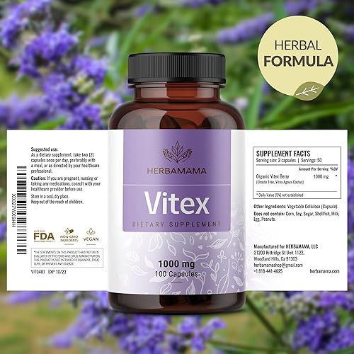 Miniatura 7 de HERBAMAMA Vitex - Cápsulas de frutas  1000 mg de polvo de bayas de árbol casto para apoyo de las mujeres  Suplemento Vitex puro sin OMG para mujeres