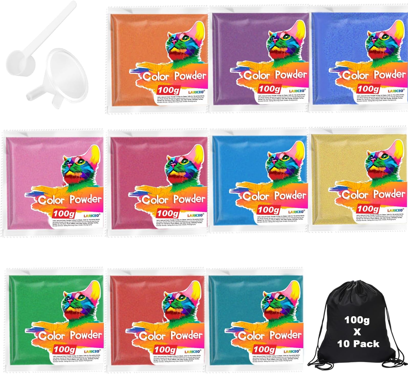 10-Pack Natural Holi Color Powder (100g Each), 10 Vibrant Colors with Backpack, Spoon, Funnel, Color Run Powder for Toss, Rangoli, Fun Runs, Summer Camps, Festivals, Gender Reveals & Parties