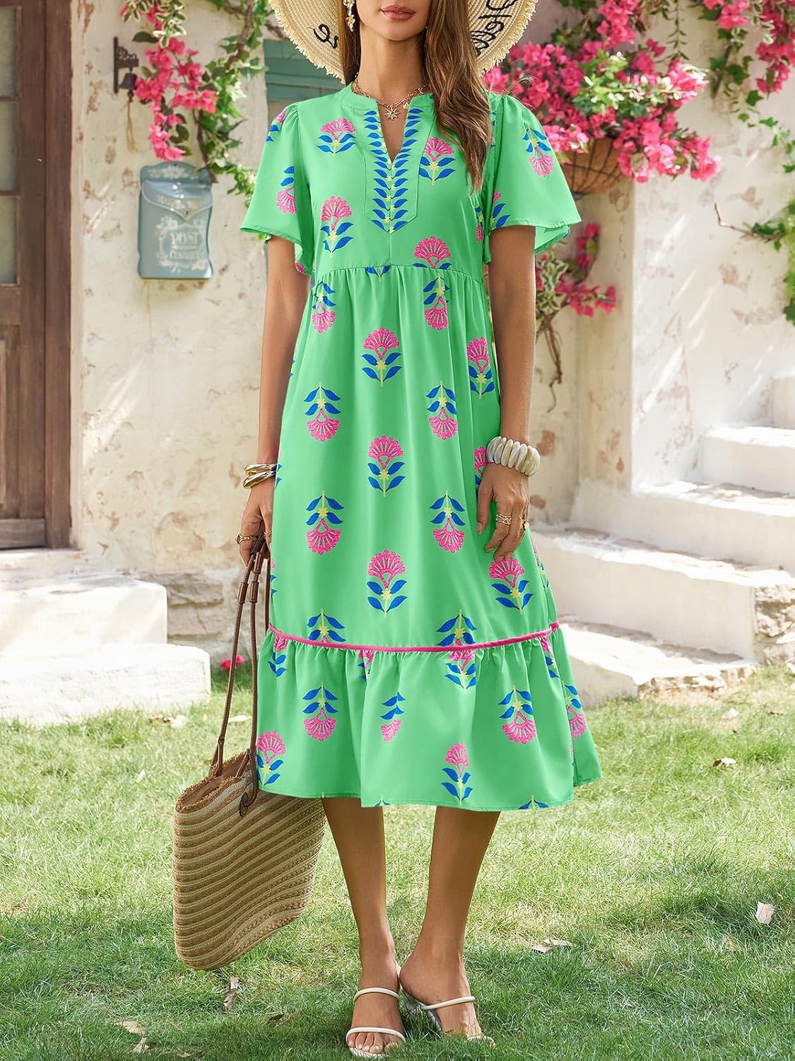 Wenrine Womens Summer Floral Midi Dress Casual Short Sleeve V Neck Flowy Ruffle Boho Beach Sundress with Pockets - Image 4