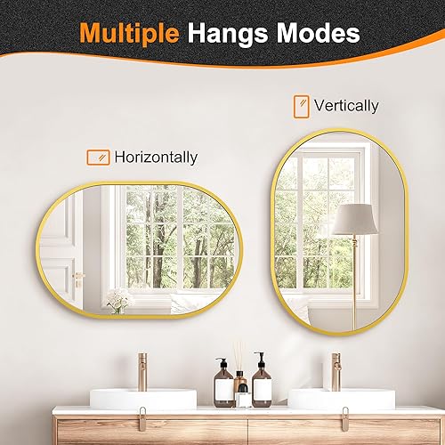 Miniatura 8 de Espejo de baño para pared, 30 x 20 pulgadas, espejo ovalado dorado para dormitorio, entrada, baño, espejo de tocador con marco de metal
