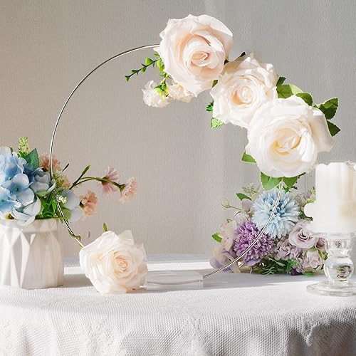Miniatura 4 de OurWarm 24 piezas de decoración de mesa de aro floral de metal de 12 pulgadas, centros de mesa de boda plateados para mesas con base acrílica,