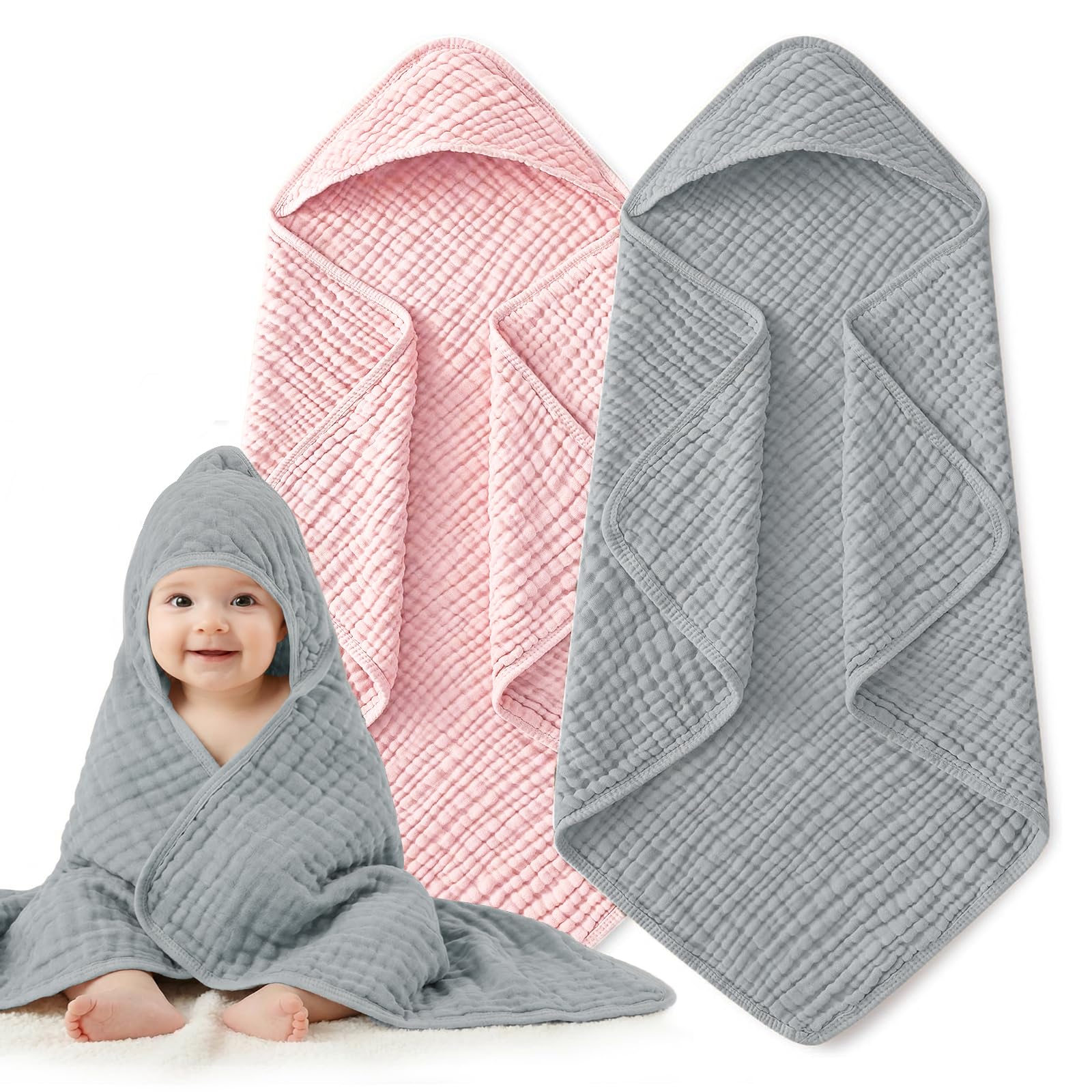 Hooded Baby Bath Towels for Newborn, 2 Pack - 6-Layer 100% Muslin Cotton, Soft Absorbent Baby Towels with Hood for Babies, Infants & Toddlers, Large 32x32 Inch Unisex Newborn Baby Bath Essentials
