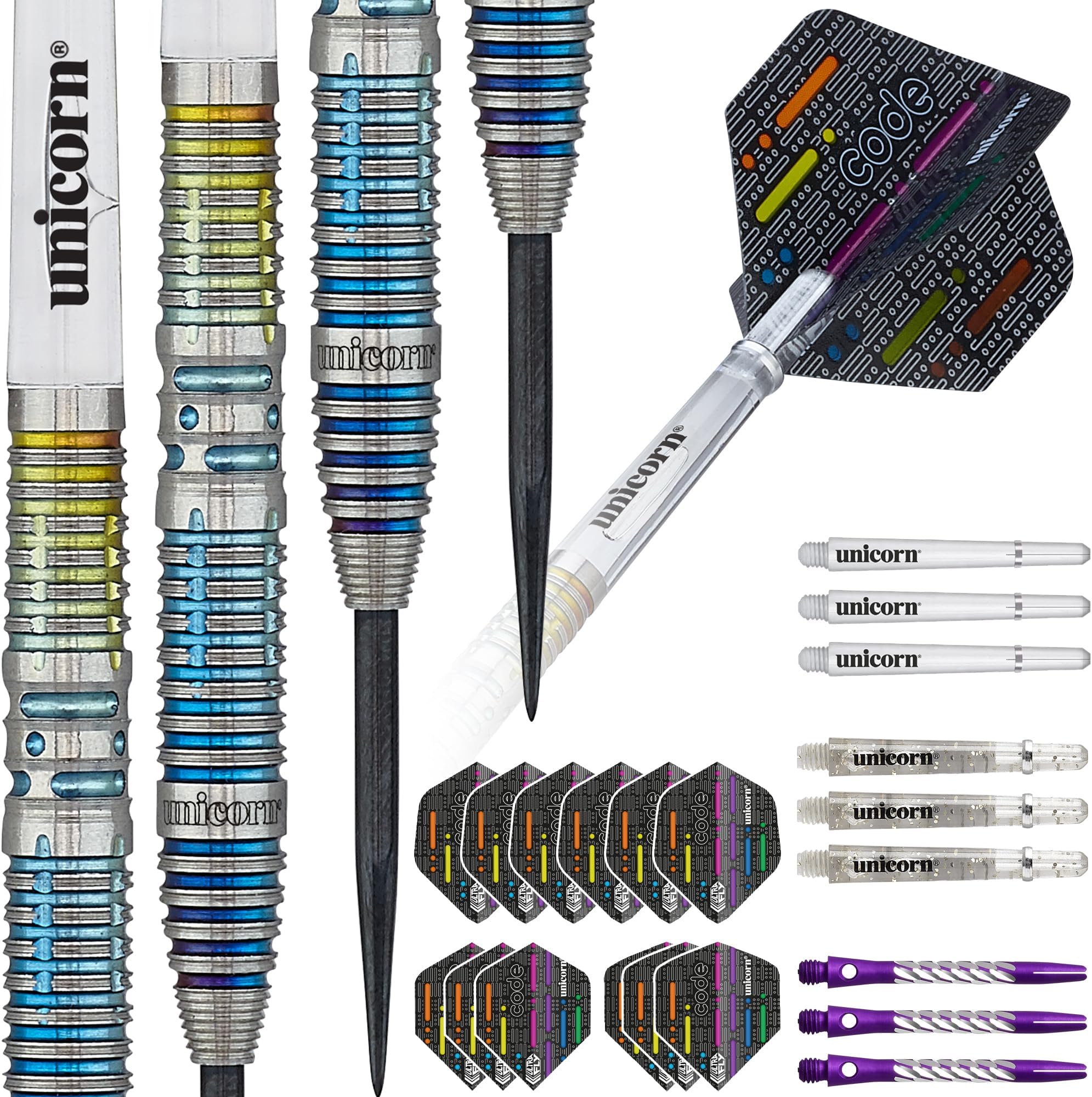 UNICORN Steel Tip Darts Set | DNA Professional Players Surname Morse Code Design | 90% Natural Tungsten Barrels with Multicolour Titanium Accents | Deluxe Presentation Packaging | 21g, 23g or 25g