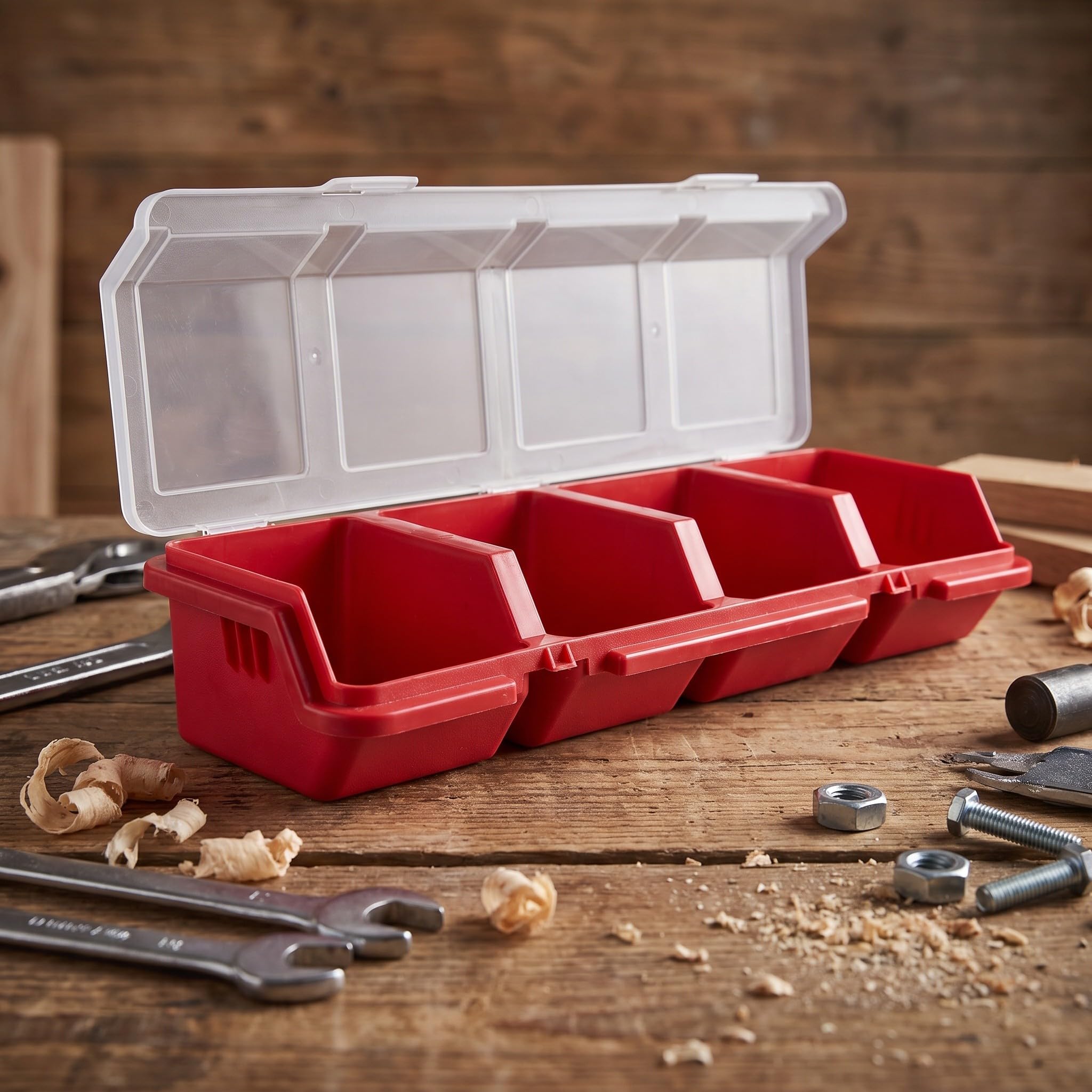Set di 4 organizer per piccoli componenti - Valigetta portatile per riporre ferramenta con 4 divisori, coperchio trasparente e cassetta degli attrezzi per viti, bulloni, chiodi, elementi di