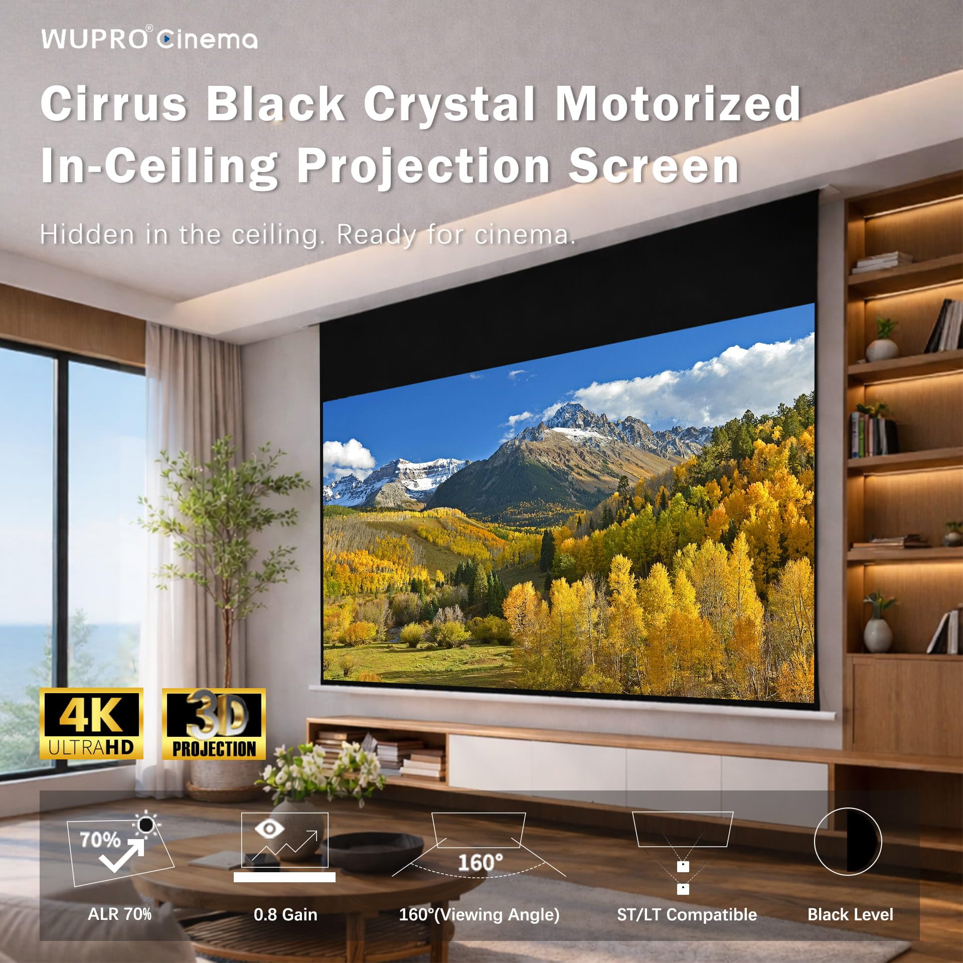 Cirrus Pantalla Proyector Techo Empotrada 100 Pulgadas Black Crystal ALR | Ideal para Habitaciones Luminosas | 70% ALR | Para Proyectores ST/LT | Eléctrica Retráctil