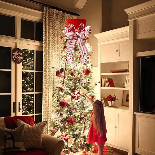 Miniatura 7 de HMASYO - Sombrero de adorno para árbol de Navidad, sombrero de terciopelo negro grande con lazo rojo a cuadros y cinta alargada, decoraciones de