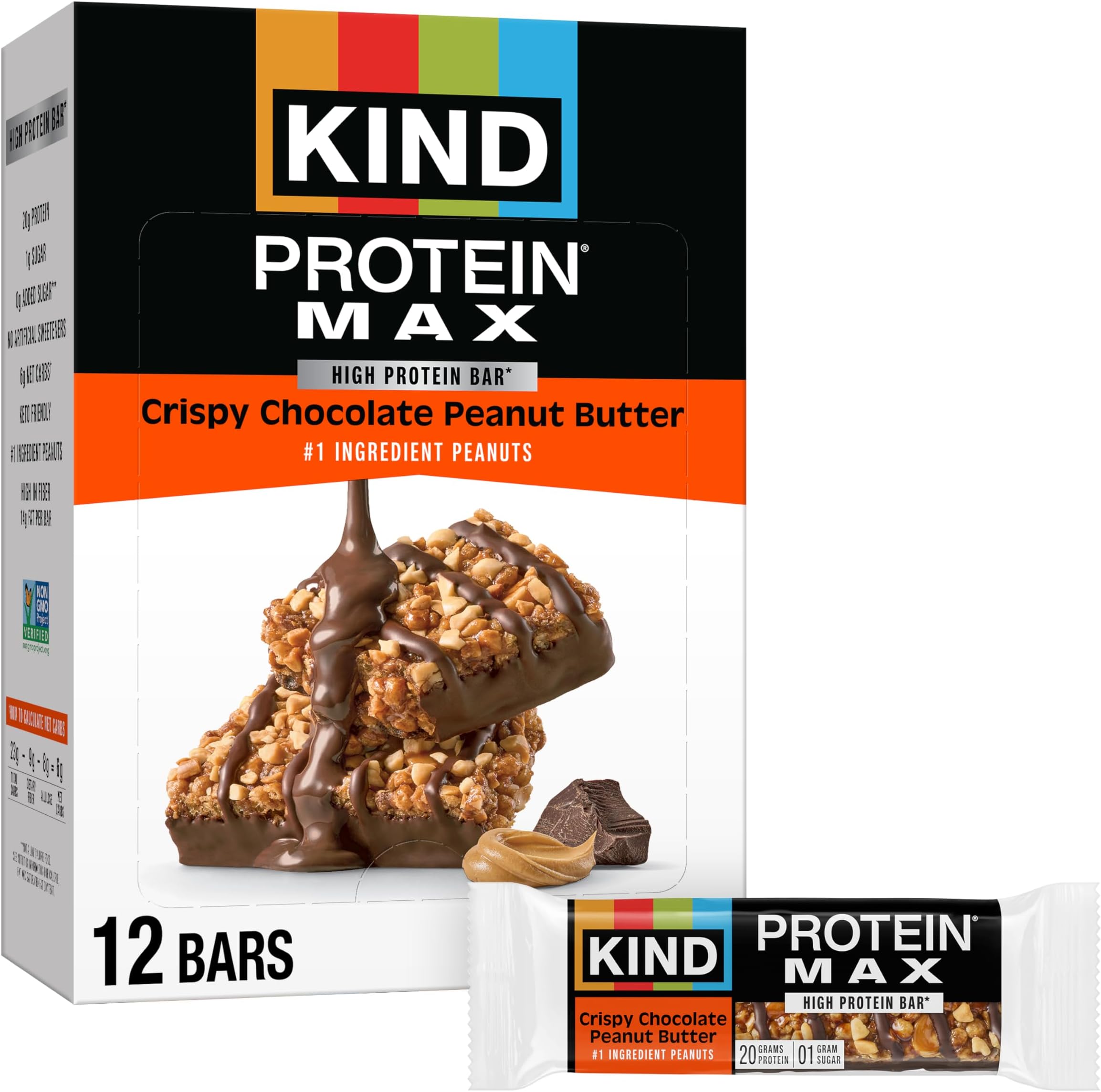 KIND Protein MAX Crispy Chocolate Peanut Butter Snack Bars, 20g of Protein, Keto Friendly, 1g of Sugar Per Bar, Gluten Free, 12 Count Box