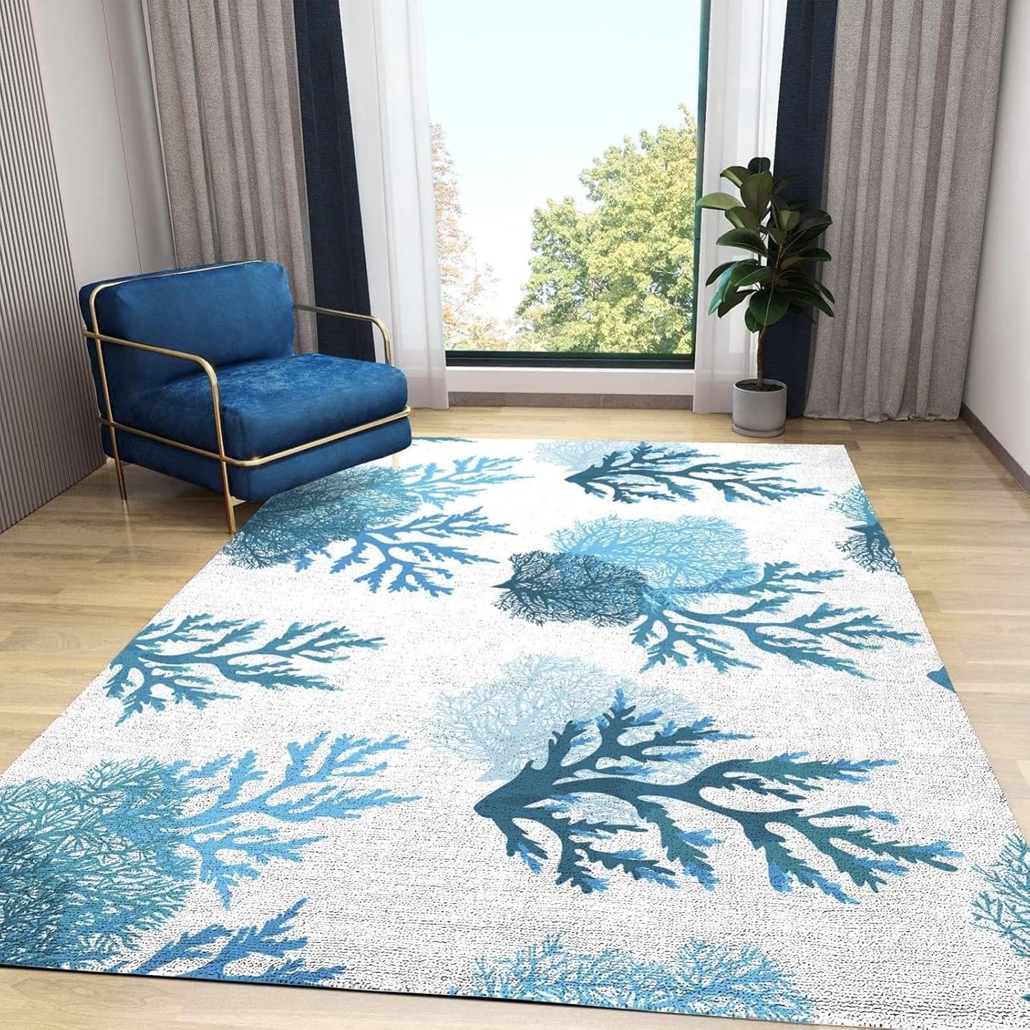 Cyan Blue Coral Area Rug, Coastal Nautical Indoor Non-Slip Kids Rugs, for Room Sofa Living Room Mat Bedroom Home Decor Floor Mats（2x3ft）