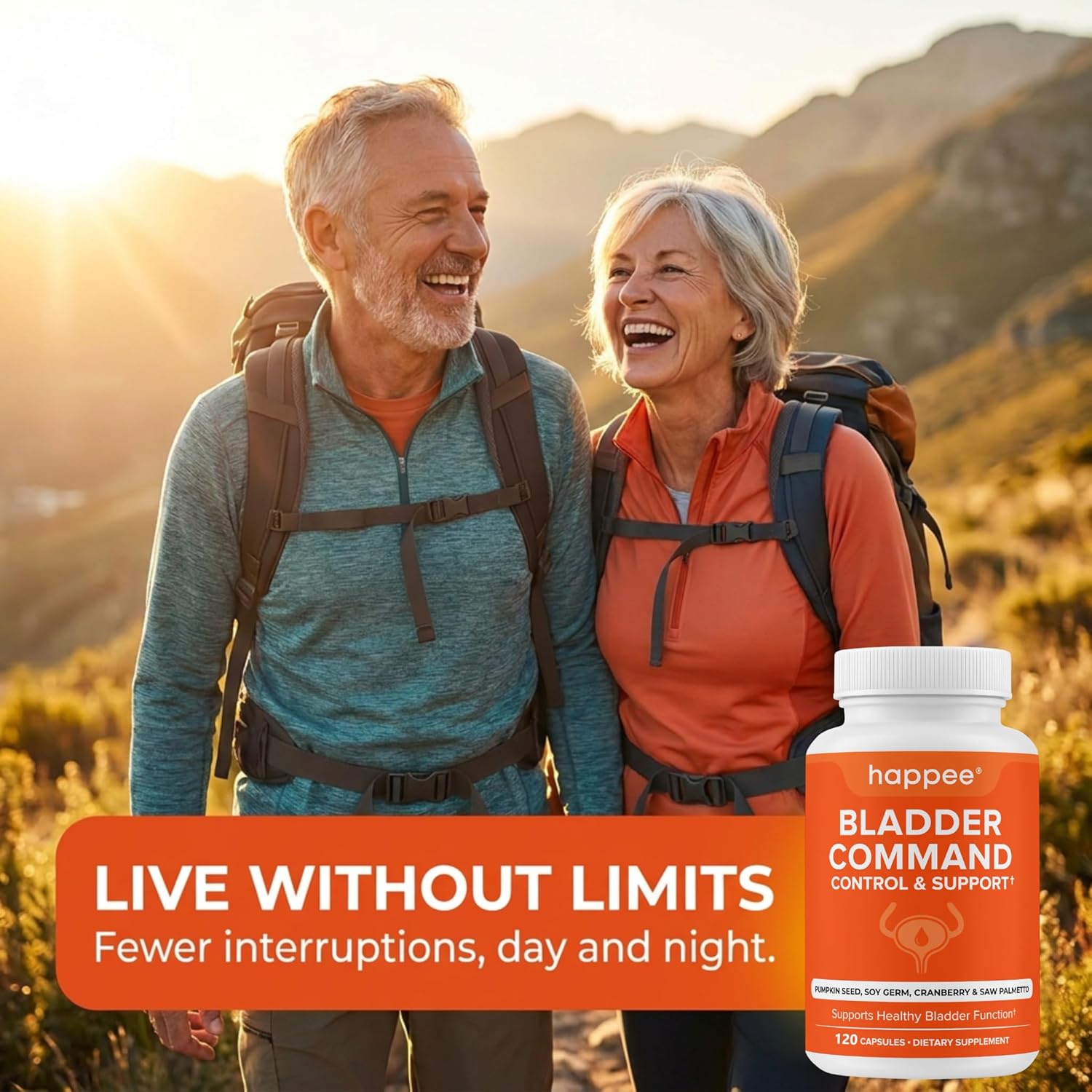 Happee Bladder Control Supplement for Women & Men - 120 Capsules with Pumpkin Seed Extract, Soy Germ Extract, Saw Palmetto & Cranberry | 4-in-1 Bladder Support for Urinary Frequency, Leaks & Urgency