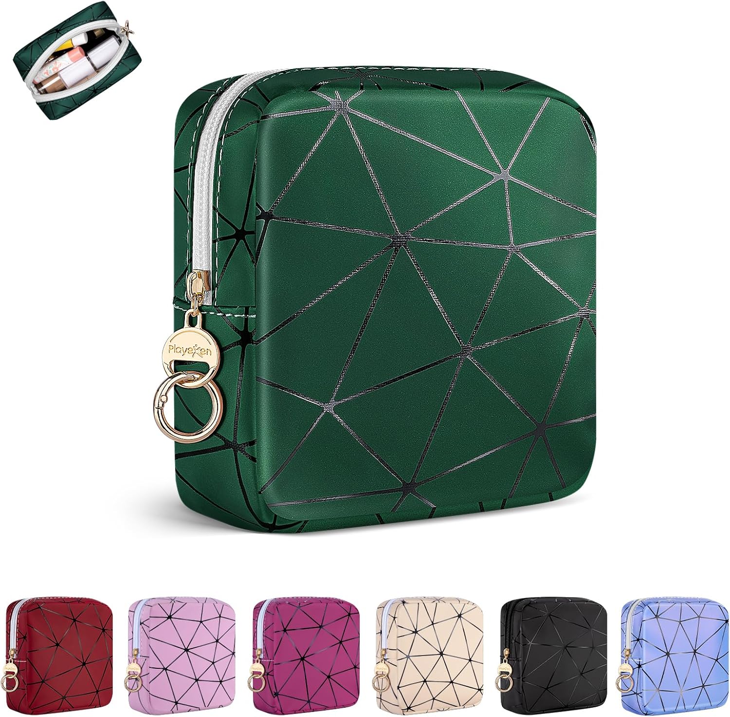 4.5 inch Mini Makeup Bag, Small Cosmetics Bag for Purse with Ring Buckle, Portable Travel Makeup Pouch for Women Girls (Green, Small)