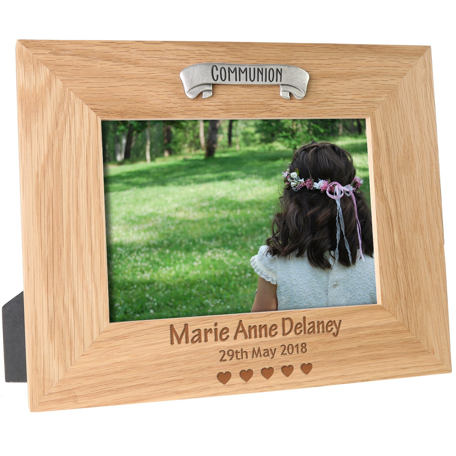 De Walden Girls First Holy Communion Gift Engraved Solid Oak Photo Picture Frame with Pewter 1st Holy Communion Banner Feature