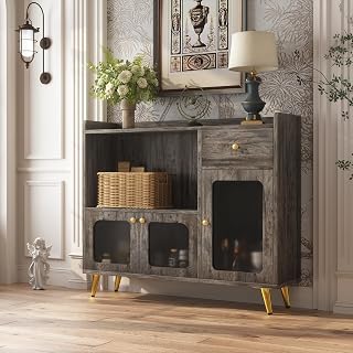 Topfurny Sideboard Buffet Cabinet, Kitchen Storage with Glass Doors, Buffet Cabinet with Storage, Modern Coffee Bar with Drawer for Living Room, Oak
